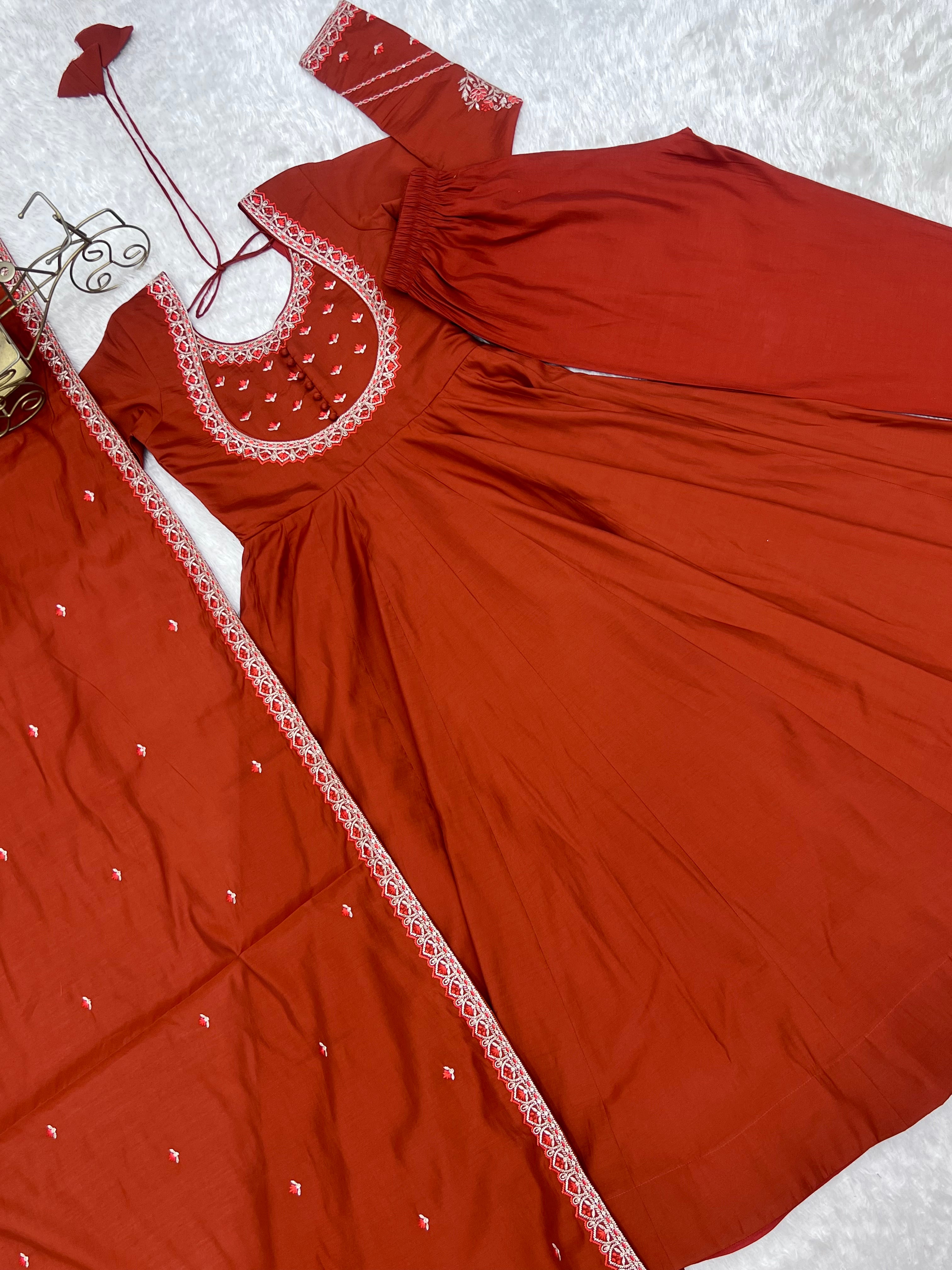 Premium Pure Silk 16 Kali Flared Anarkali Gown with Embroidered Dupatta & Pant Set