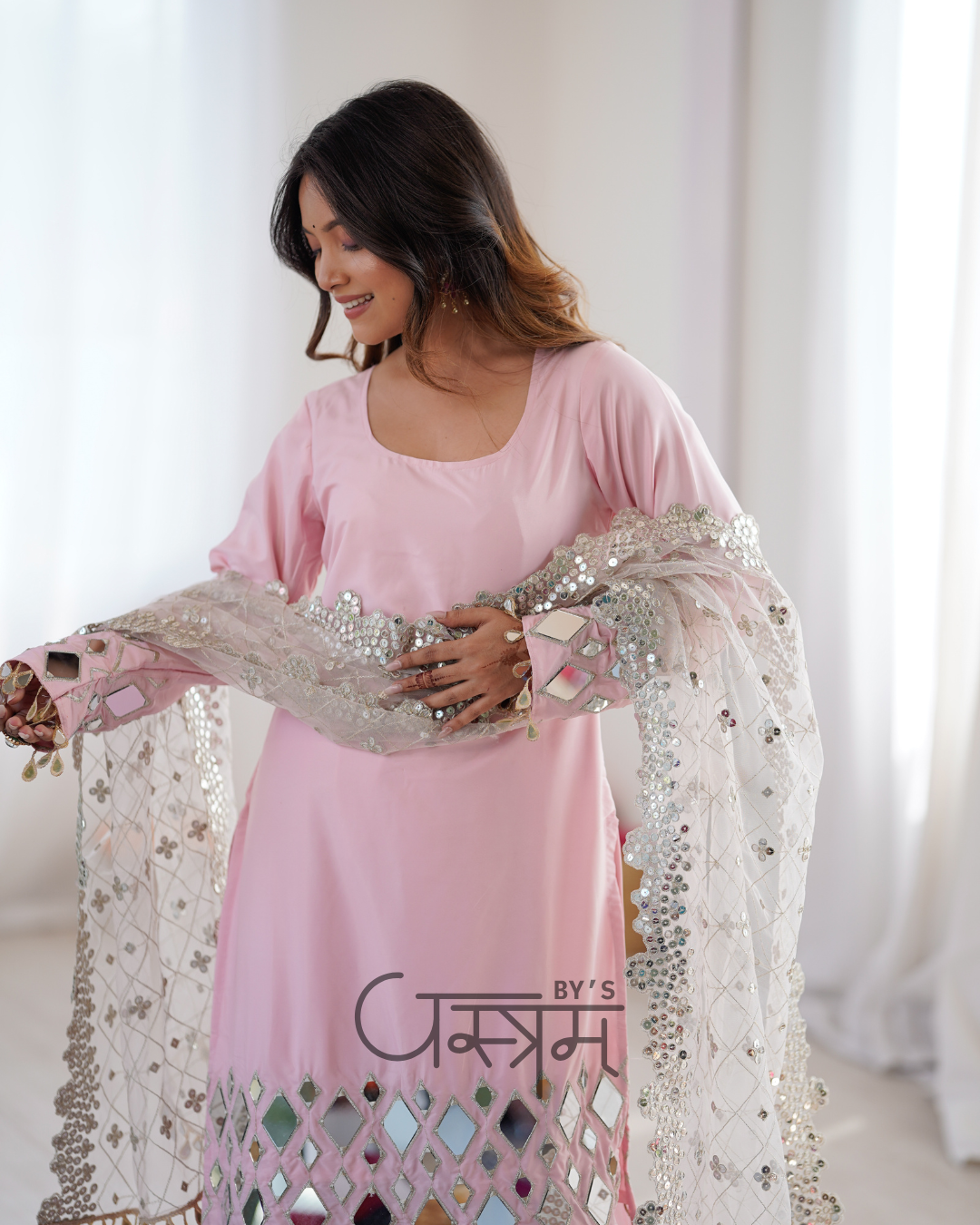 Premium French Crepe Mirror Work Sharara Suit Set with Net Dupatta