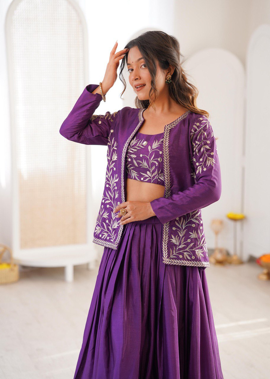 Designer Chinon Silk Lehenga Set with Embroidered Choli & Koti