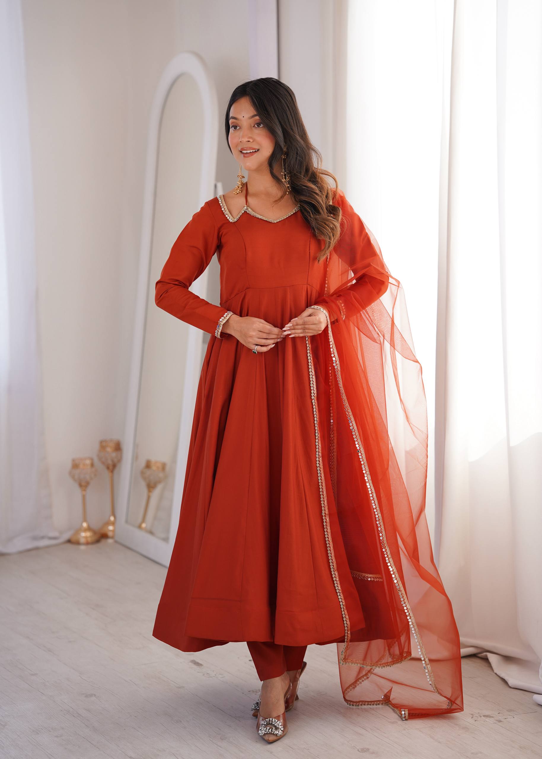 Roman Silk Chanderi Anarkali Gown Set with Mirror Lace Dupatta