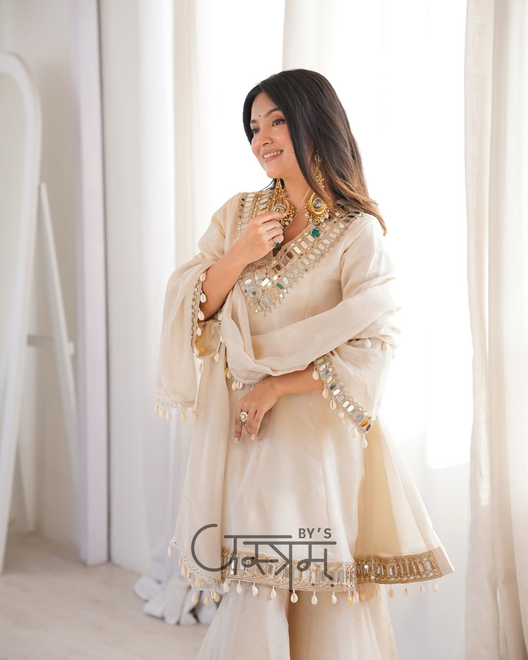 Premium Chinon Real Mirror Work Palazzo Set with Kodi Lace Dupatta