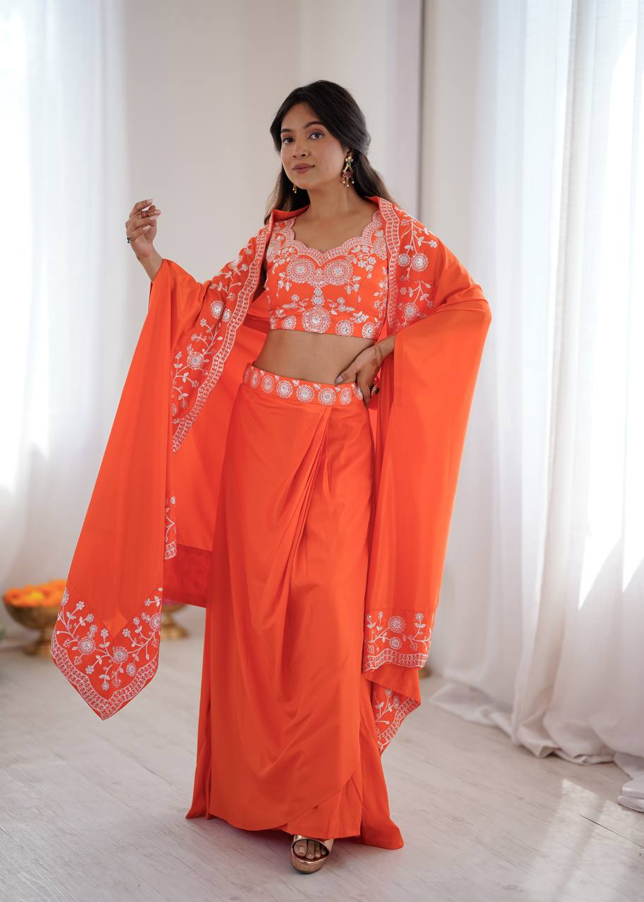 Western Dhoti Set with Shrug & Choli