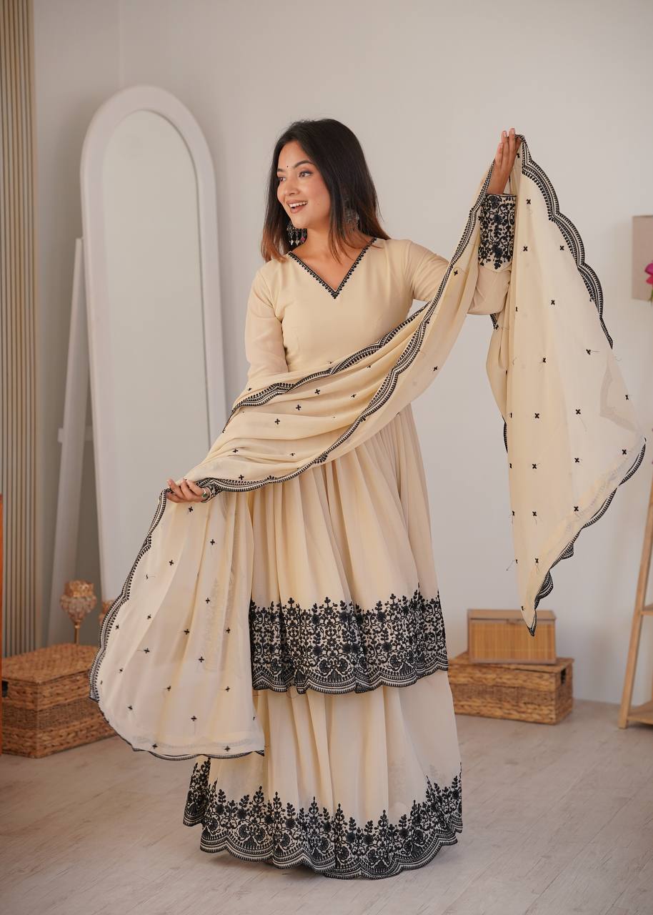 Embroidered Faux Georgette Suit Set with Palazzo & Dupatta