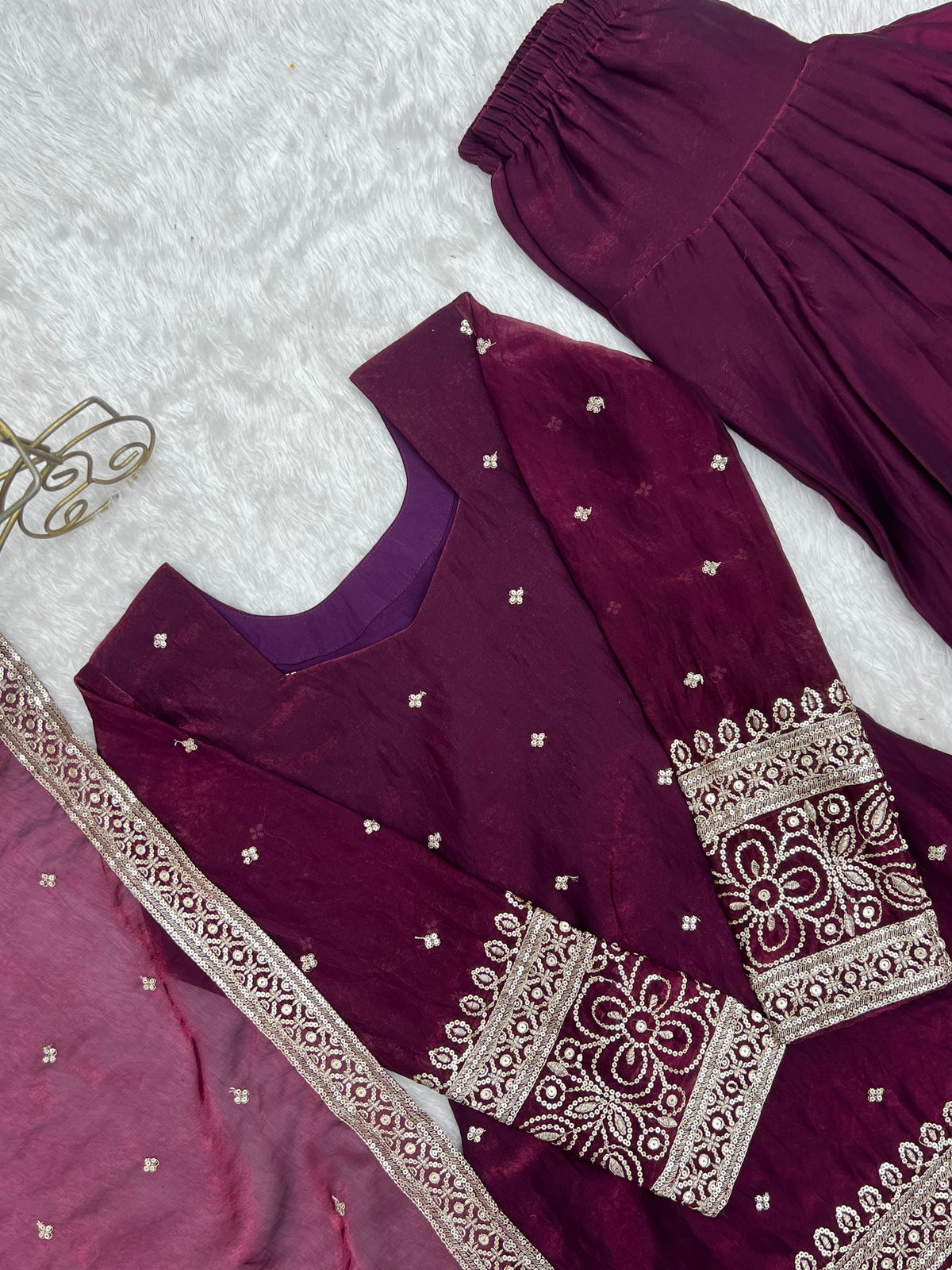 Premium Embroidered Sequence & Kurta with Dupatta & Farshi Shalwar Set – Wine