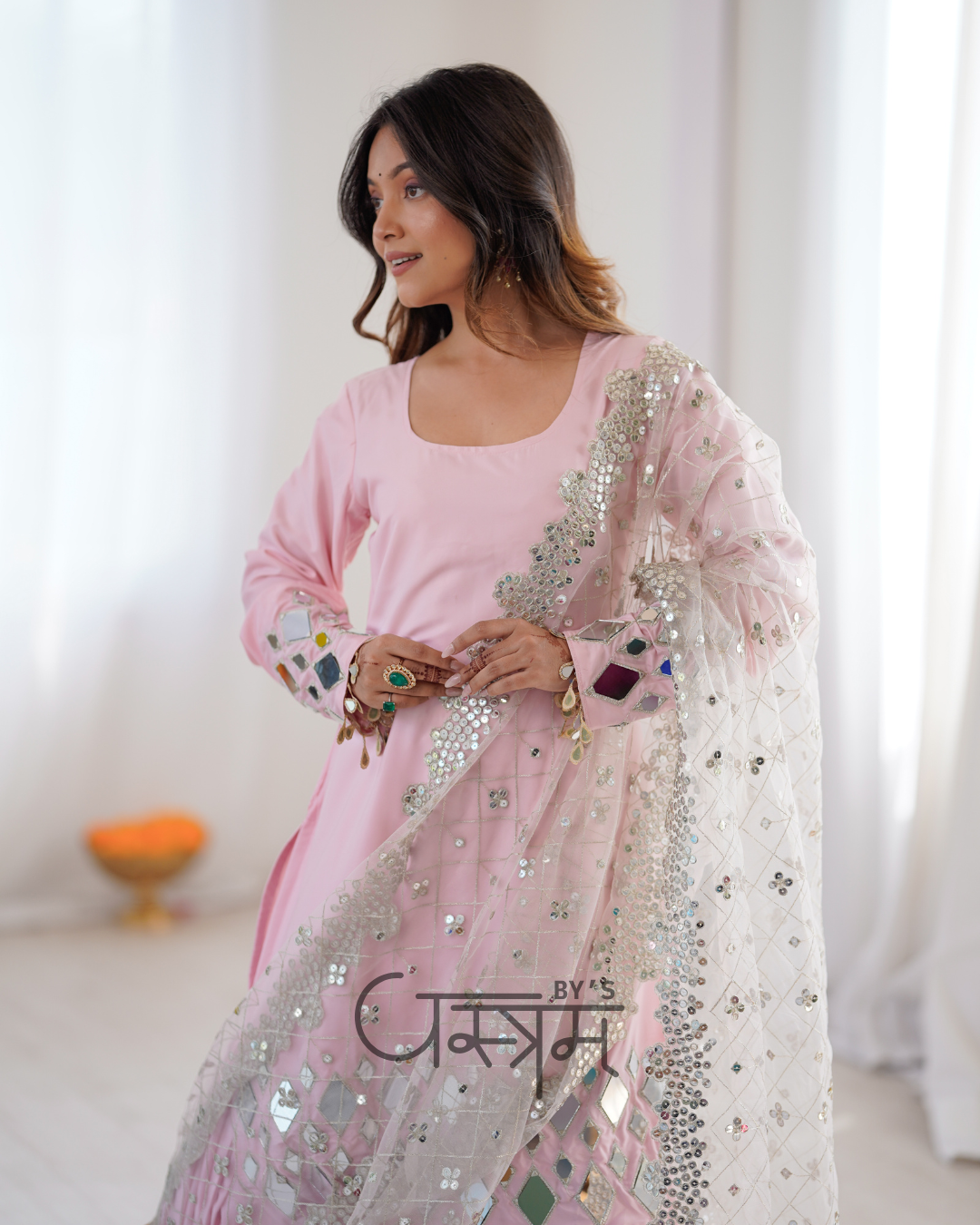 Premium French Crepe Mirror Work Sharara Suit Set with Net Dupatta
