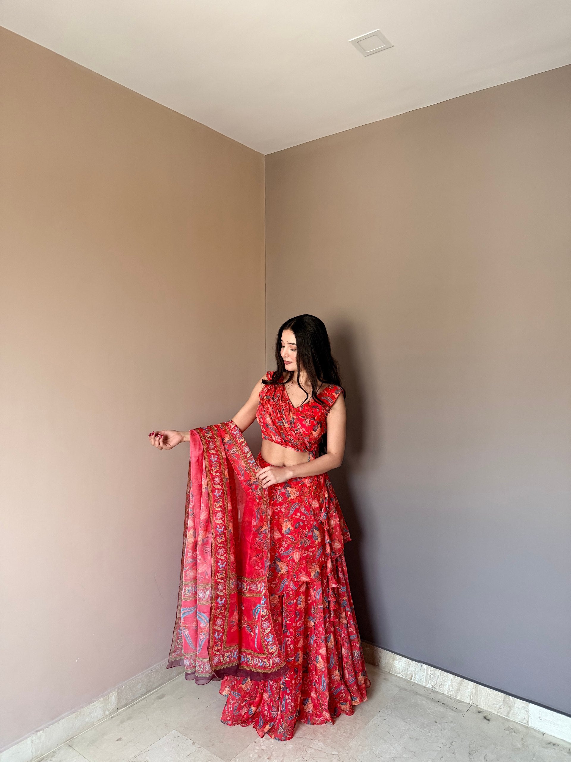 Red Floral Printed Lehenga Set with Sleeveless Blouse & Dupatta