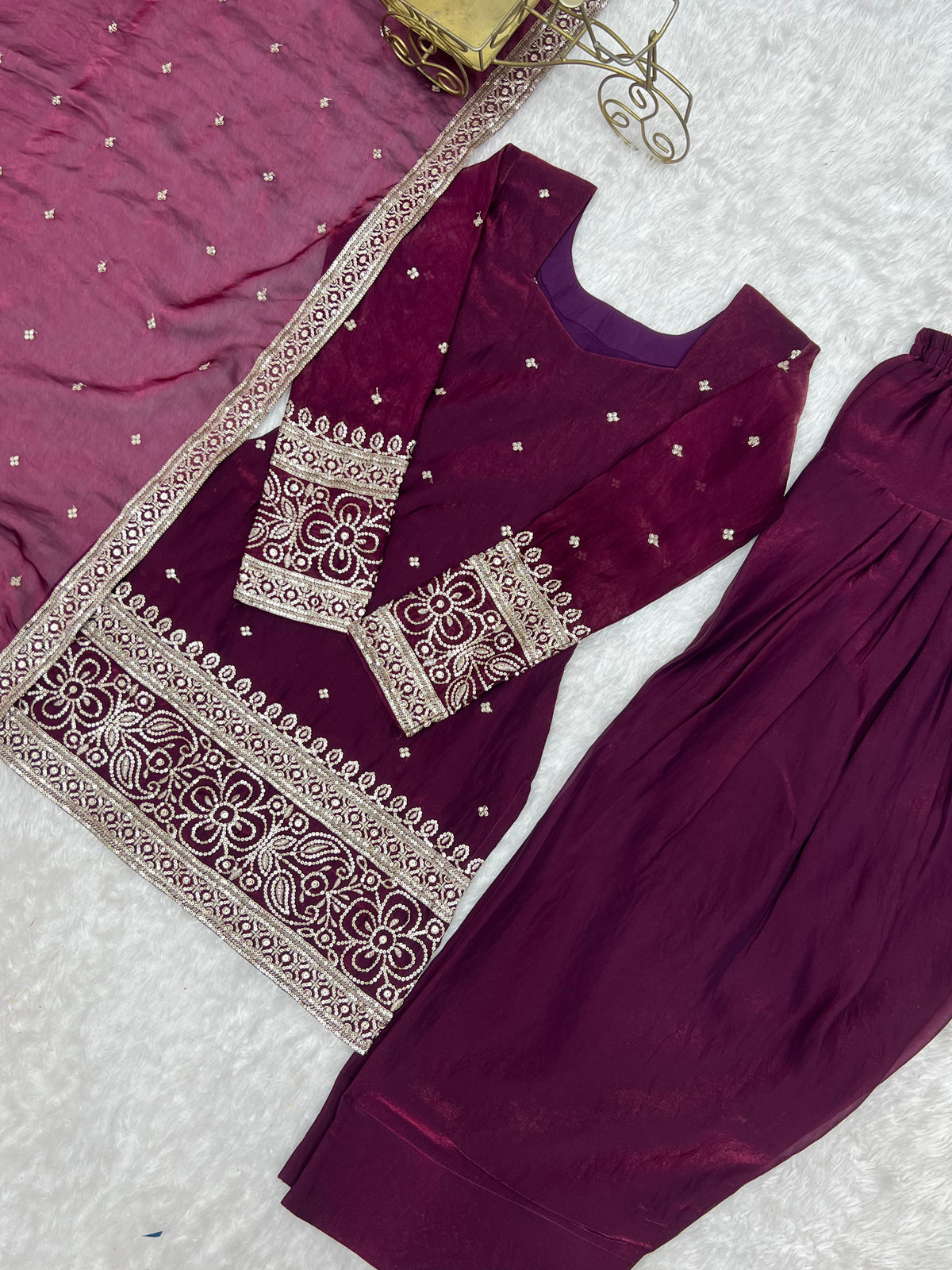 Premium Embroidered Sequence & Kurta with Dupatta & Farshi Shalwar Set – Wine