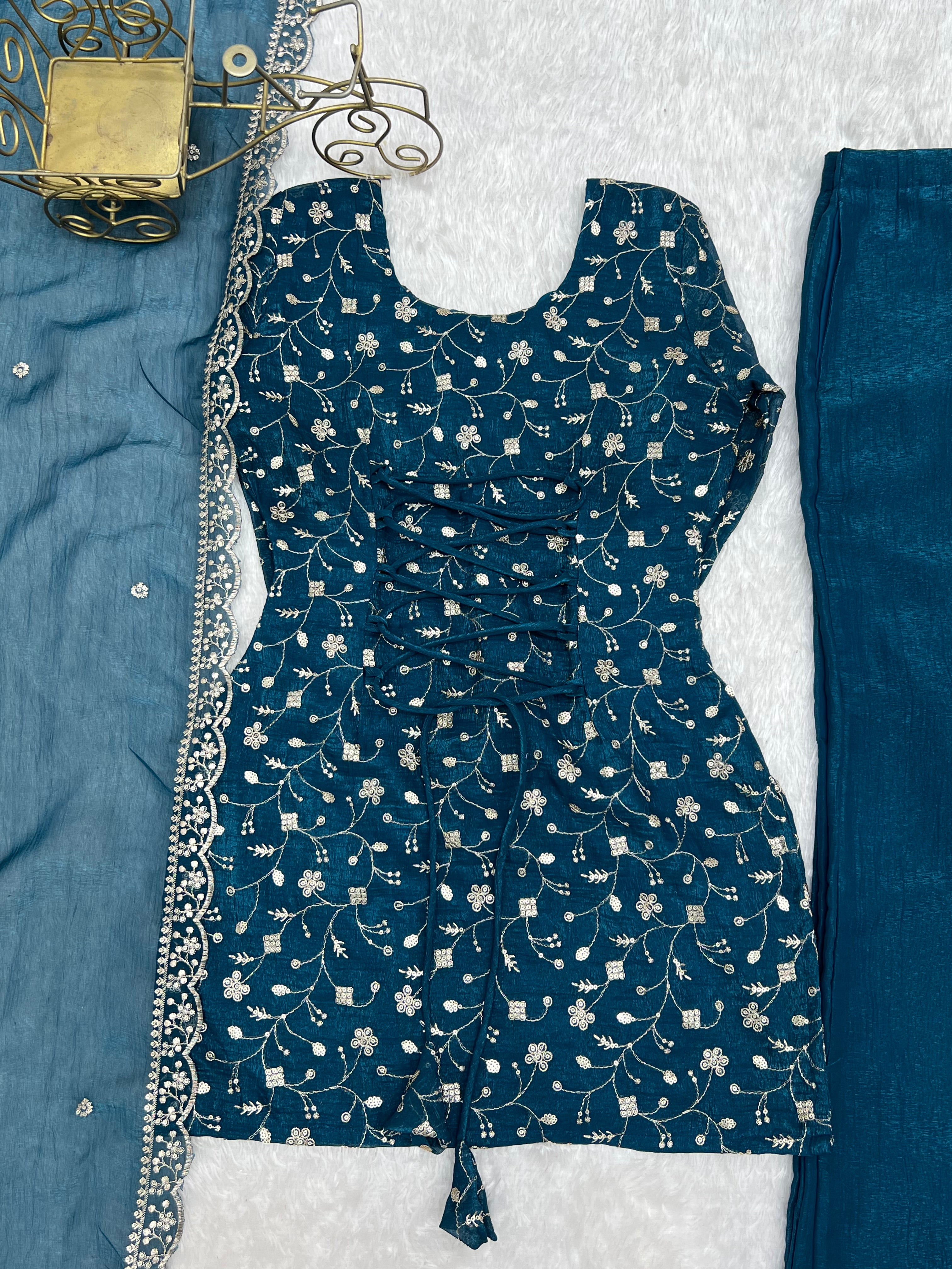 Women's Crunchy Silk Embroidered Kurta Set with Dupatta & Bell Bottom Pants