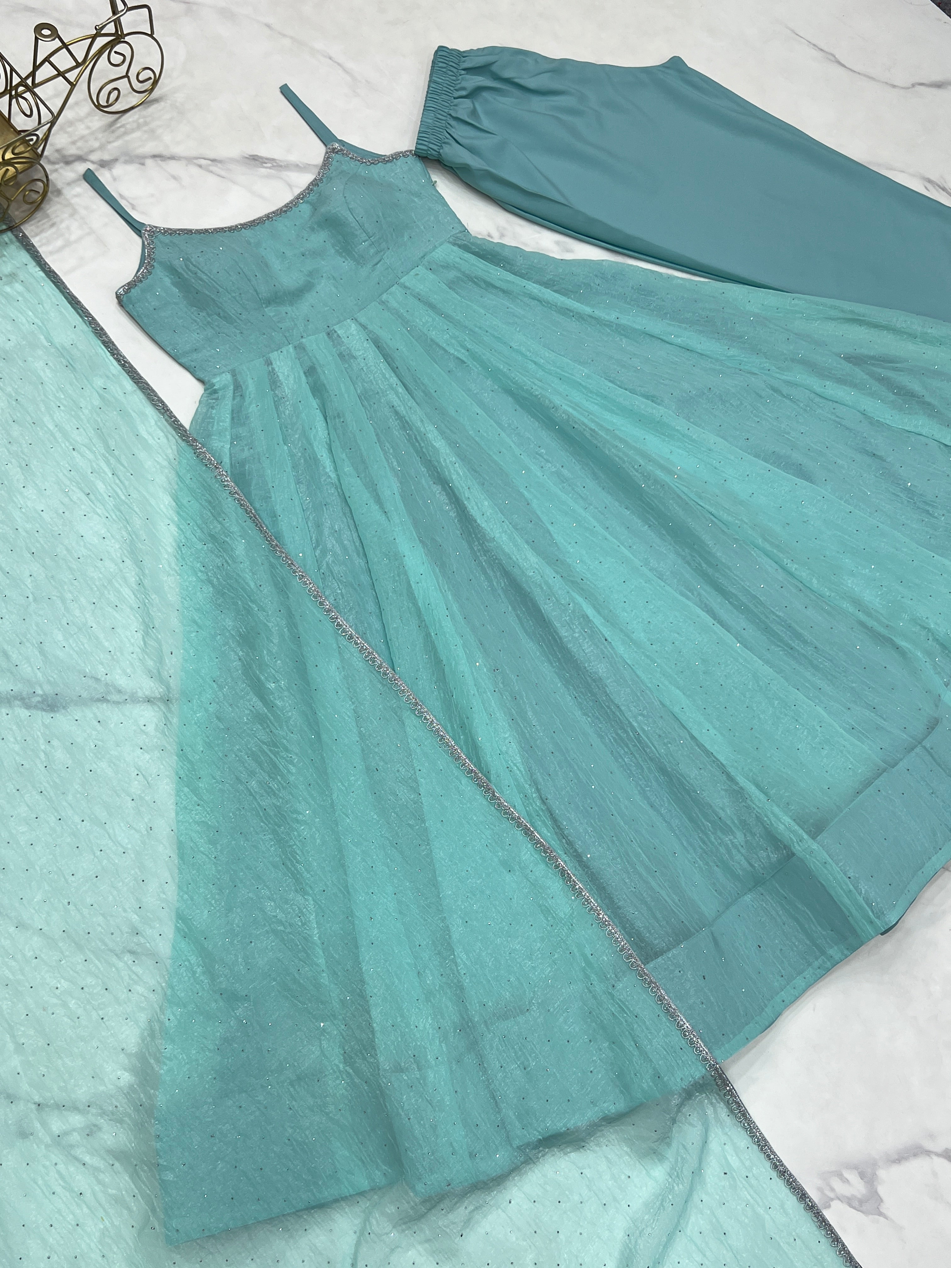 Women's Premium Crunchy Silk Anarkali Suit Set with Sirovski Work, Kali Cut Flare & Dupatta