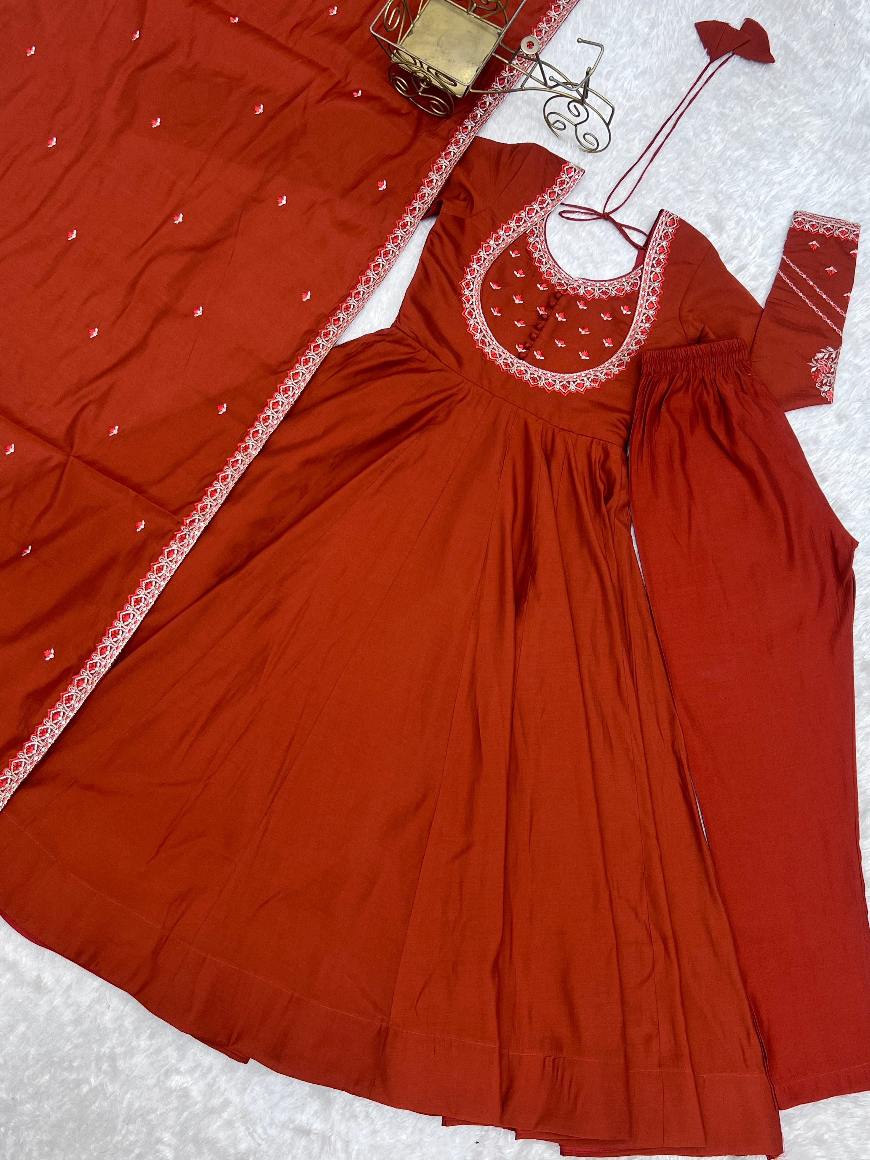 Premium Pure Silk 16 Kali Flared Anarkali Gown with Embroidered Dupatta & Pant Set