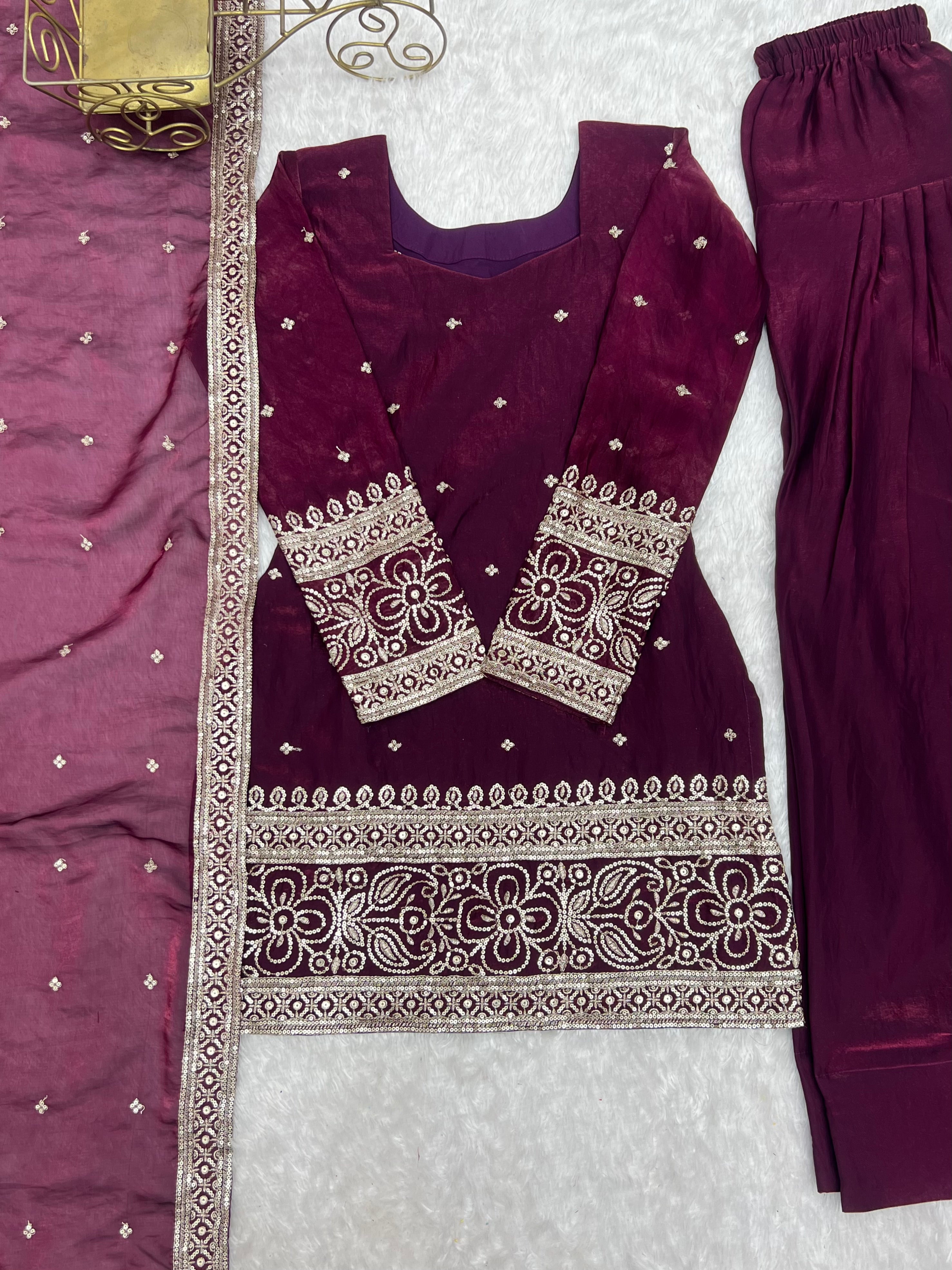 Premium Embroidered Sequence & Kurta with Dupatta & Farshi Shalwar Set – Wine