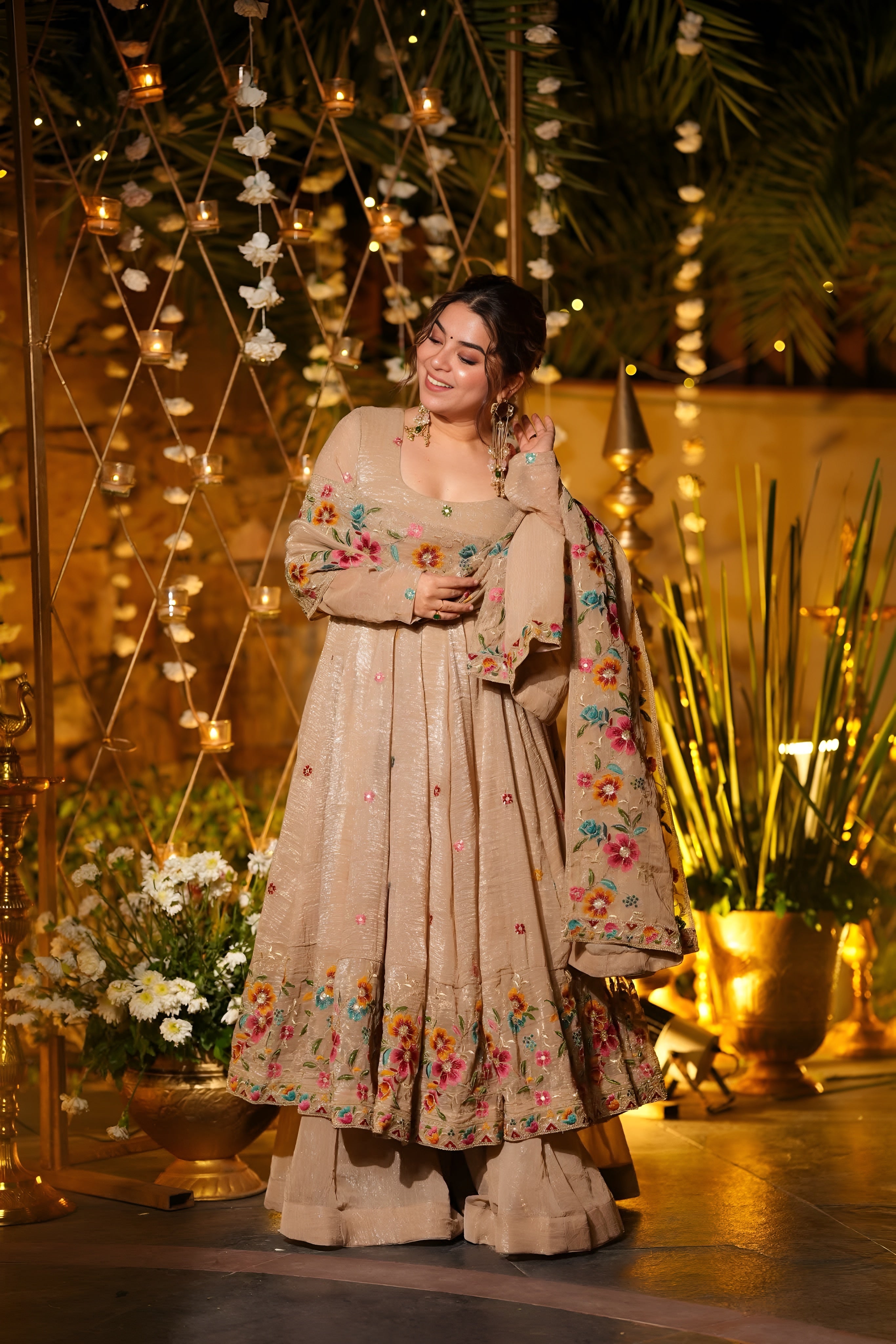 Premium Soft Crunchy Silk Anarkali Suit Set with Sharara & Dupatta (Beige)