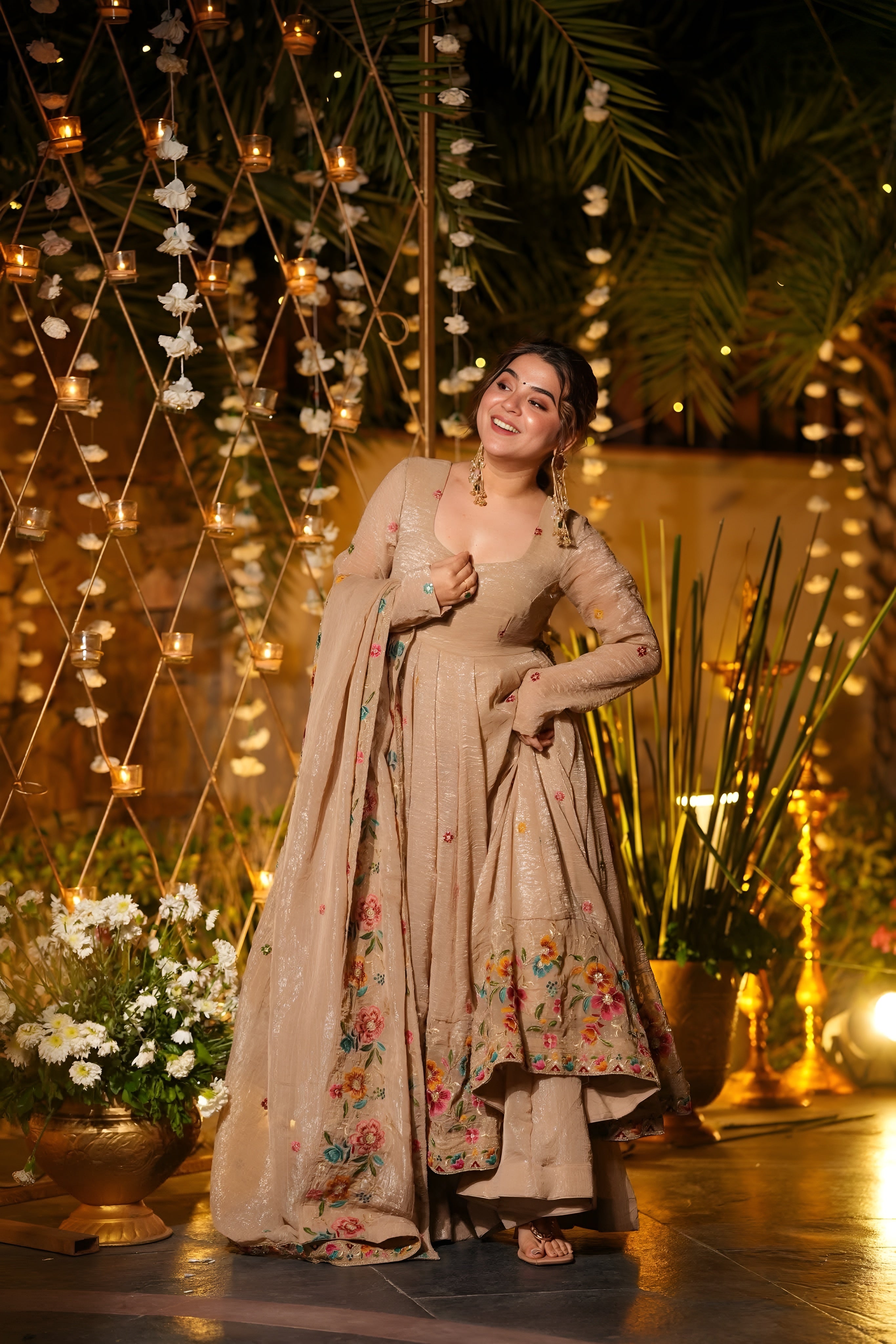 Premium Soft Crunchy Silk Anarkali Suit Set with Sharara & Dupatta (Beige)