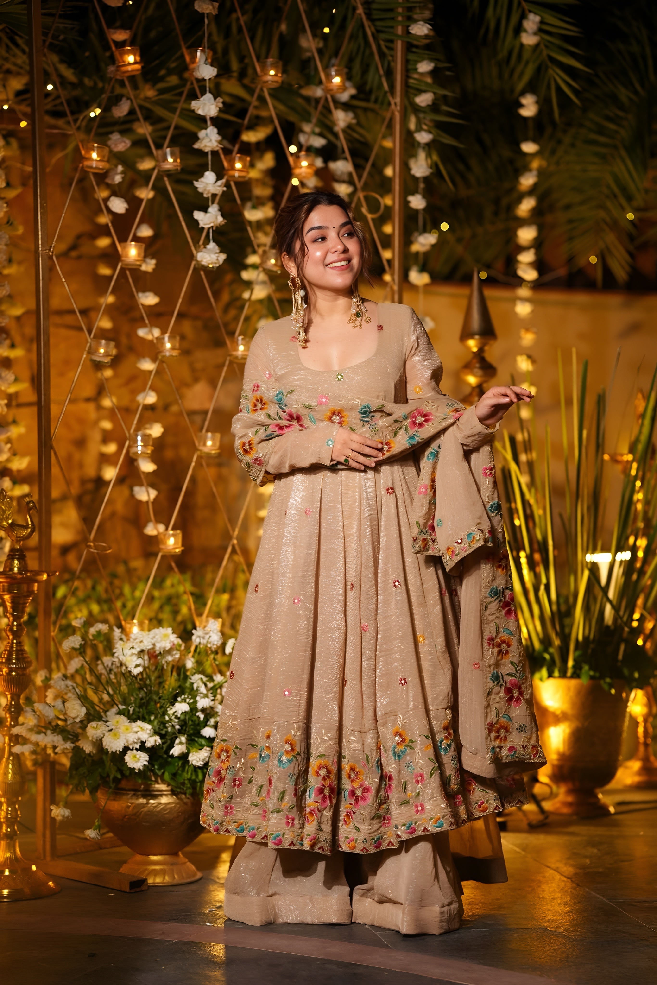 Premium Soft Crunchy Silk Anarkali Suit Set with Sharara & Dupatta (Beige)