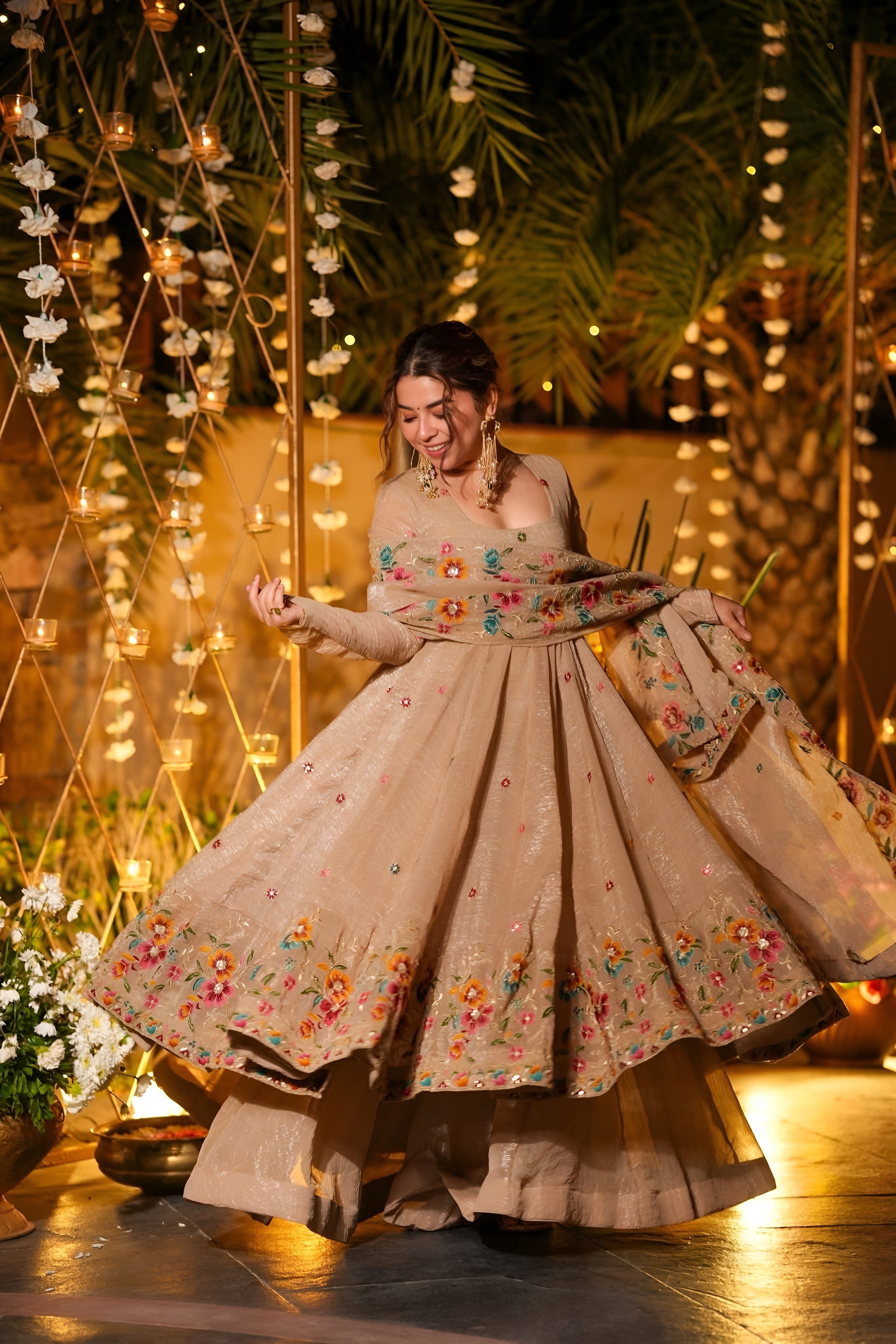Premium Soft Crunchy Silk Anarkali Suit Set with Sharara & Dupatta (Beige)