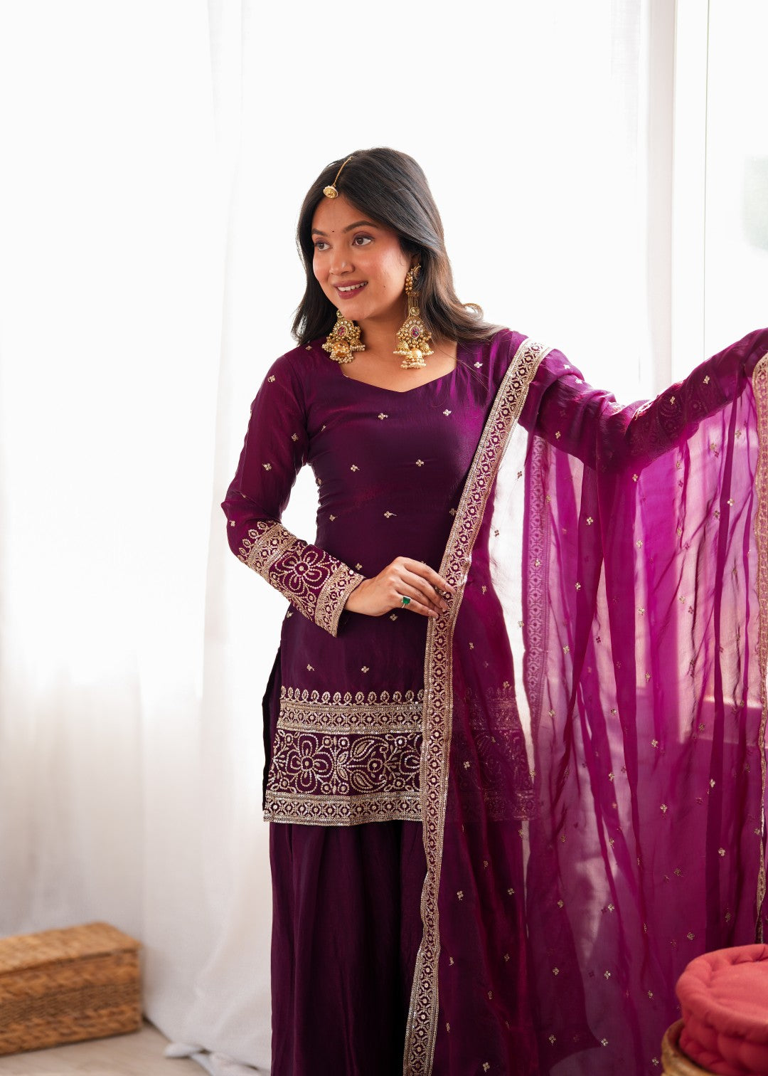 Premium Embroidered Sequence & Kurta with Dupatta & Farshi Shalwar Set – Wine
