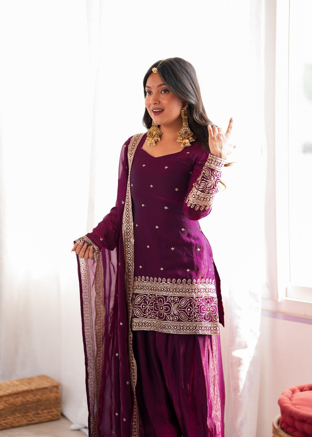 Premium Embroidered Sequence & Kurta with Dupatta & Farshi Shalwar Set – Wine