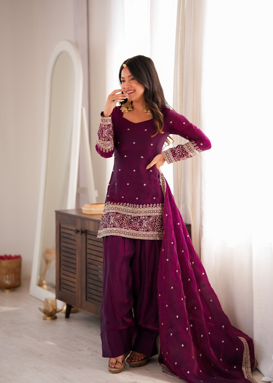 Premium Embroidered Sequence & Kurta with Dupatta & Farshi Shalwar Set – Wine