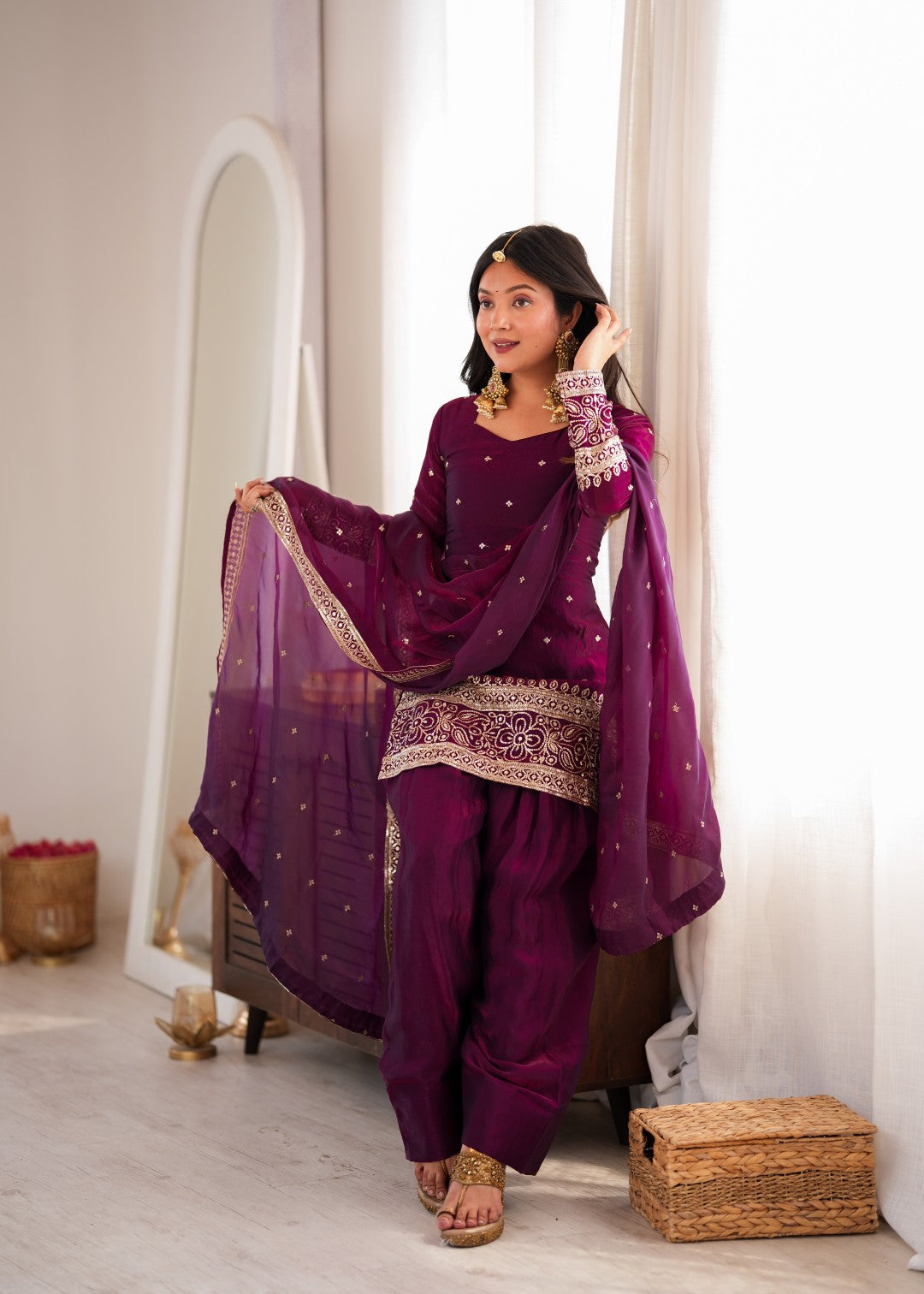 Premium Embroidered Sequence & Kurta with Dupatta & Farshi Shalwar Set – Wine