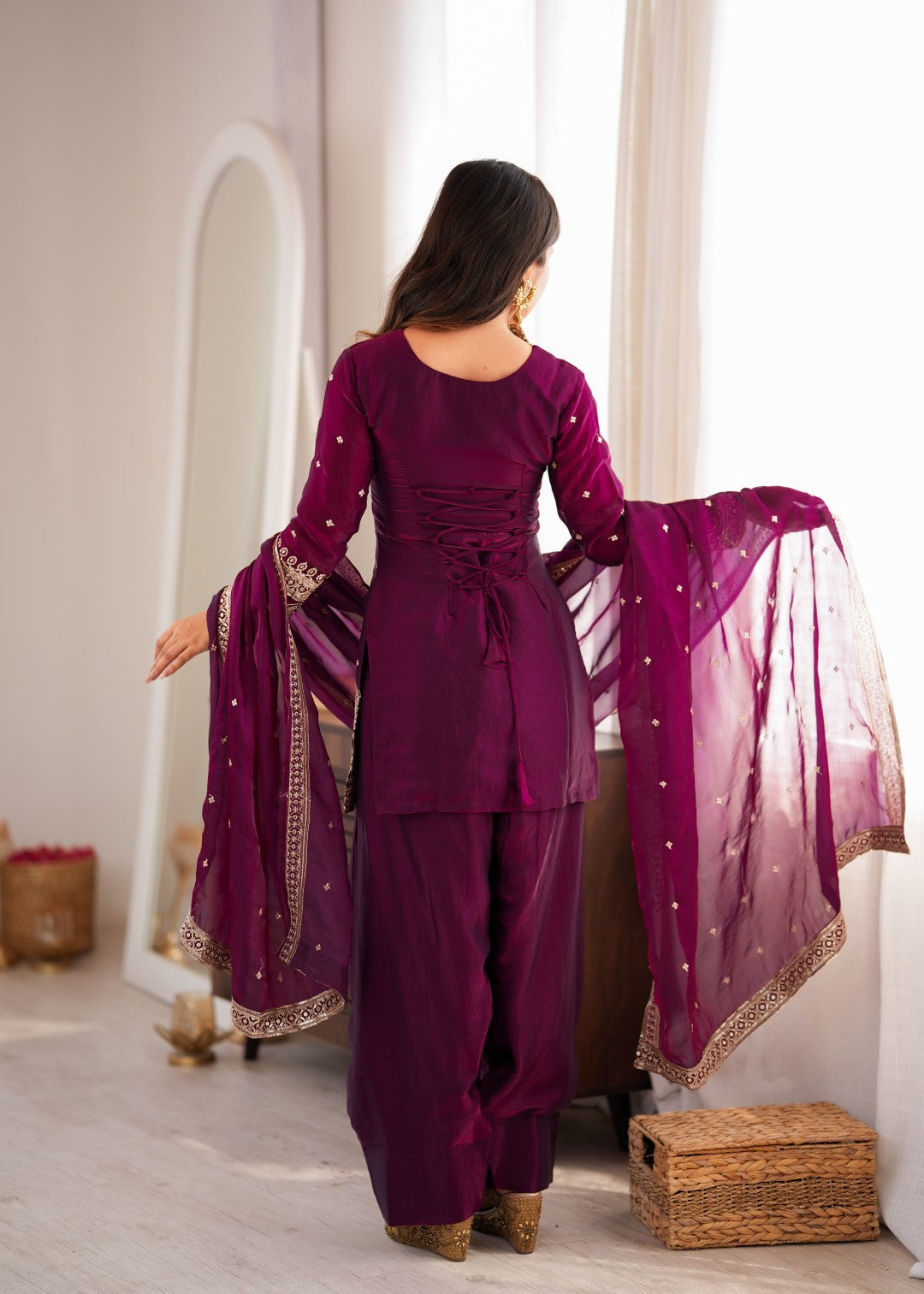 Premium Embroidered Sequence & Kurta with Dupatta & Farshi Shalwar Set – Wine