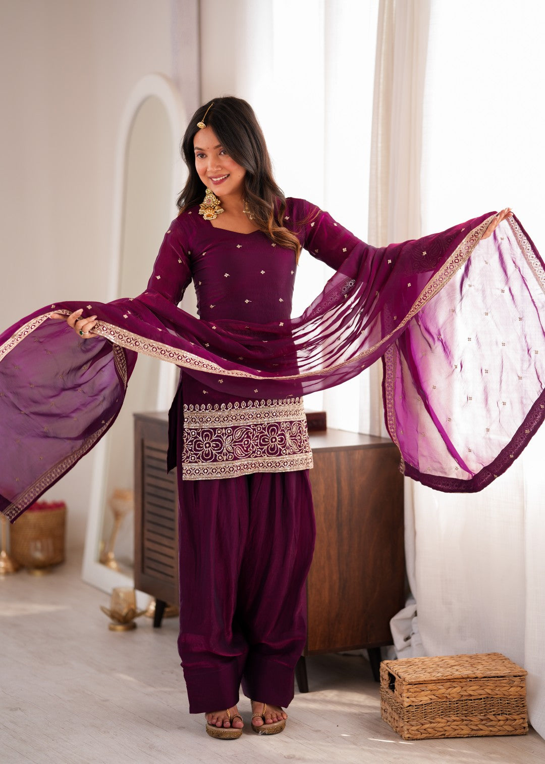 Premium Embroidered Sequence & Kurta with Dupatta & Farshi Shalwar Set – Wine