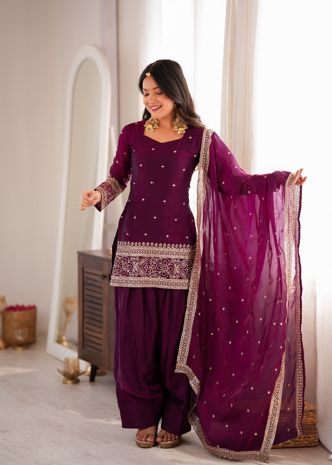 Premium Embroidered Sequence & Kurta with Dupatta & Farshi Shalwar Set – Wine
