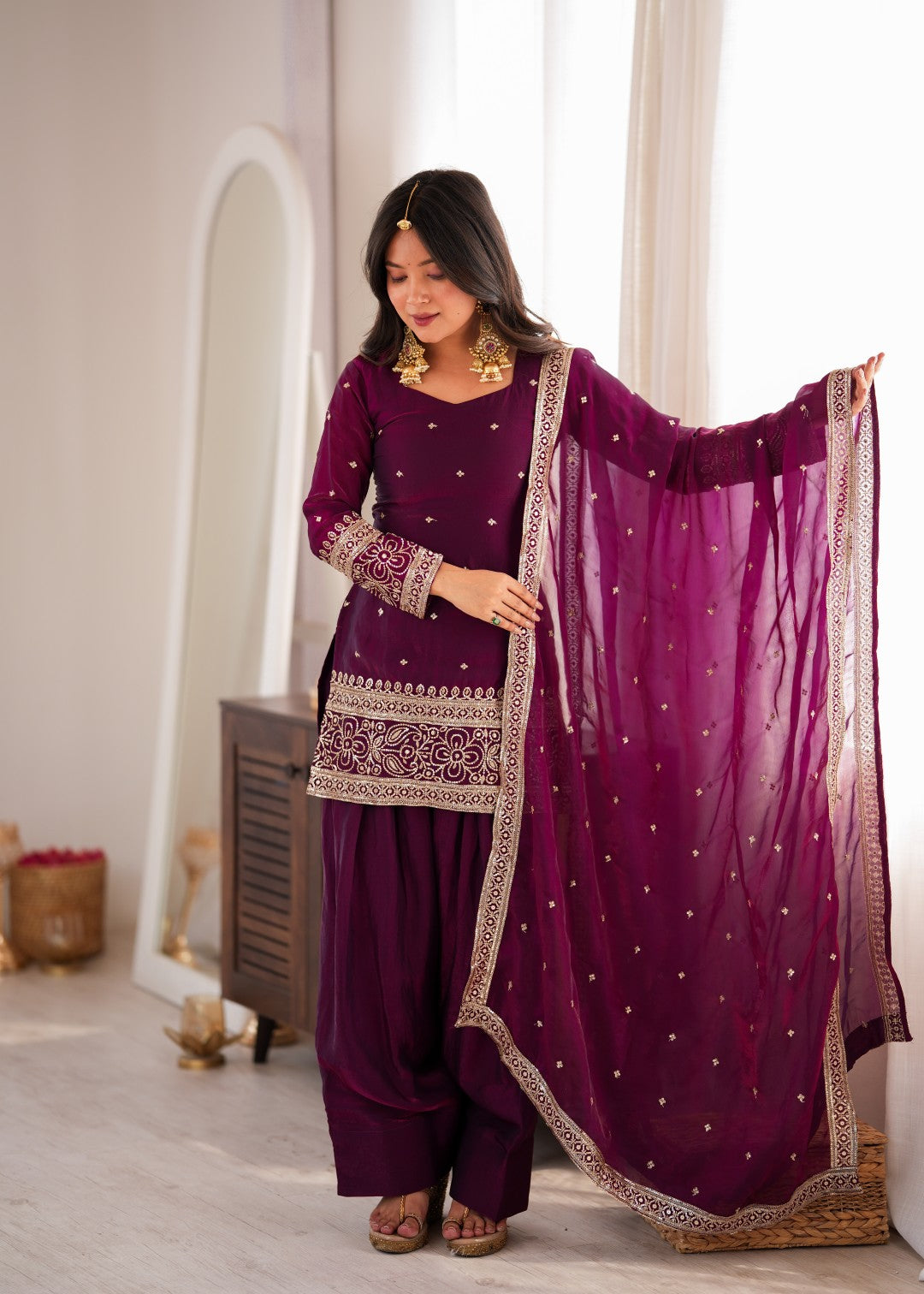 Premium Embroidered Sequence & Kurta with Dupatta & Farshi Shalwar Set – Wine