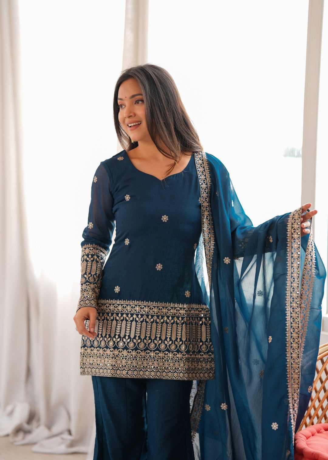 Premium Crunchy Silk Embroidered Sequence & Jari Work Top Kurta with Dupatta & Bell Bottom Pant Set – Teal Blue