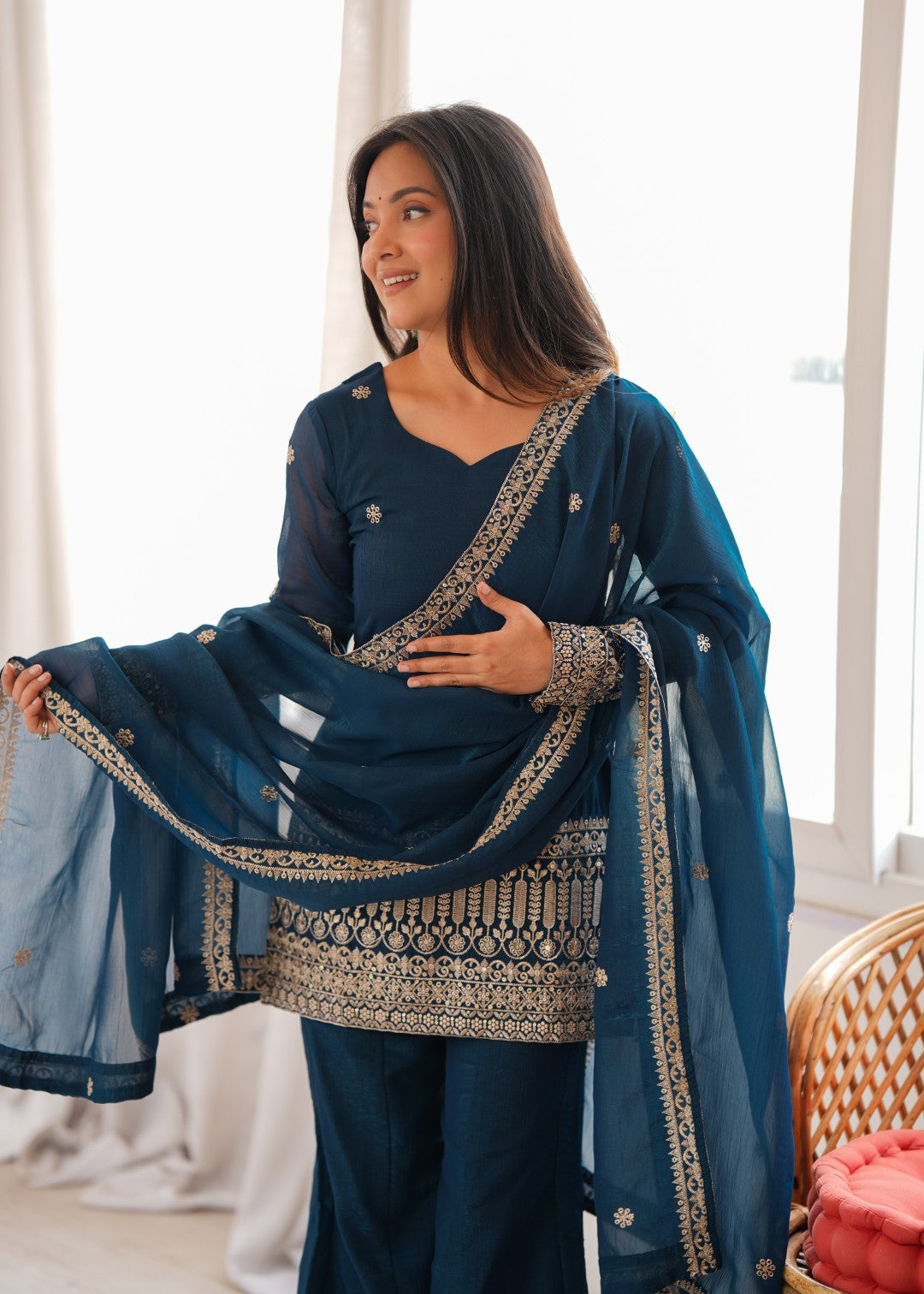 Premium Crunchy Silk Embroidered Sequence & Jari Work Top Kurta with Dupatta & Bell Bottom Pant Set – Teal Blue