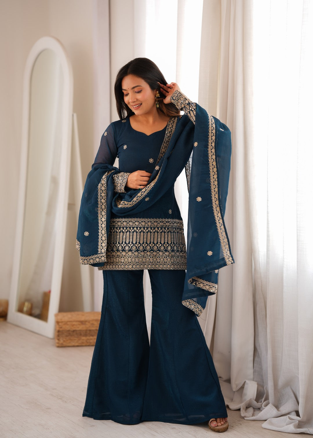 Premium Crunchy Silk Embroidered Sequence & Jari Work Top Kurta with Dupatta & Bell Bottom Pant Set – Teal Blue