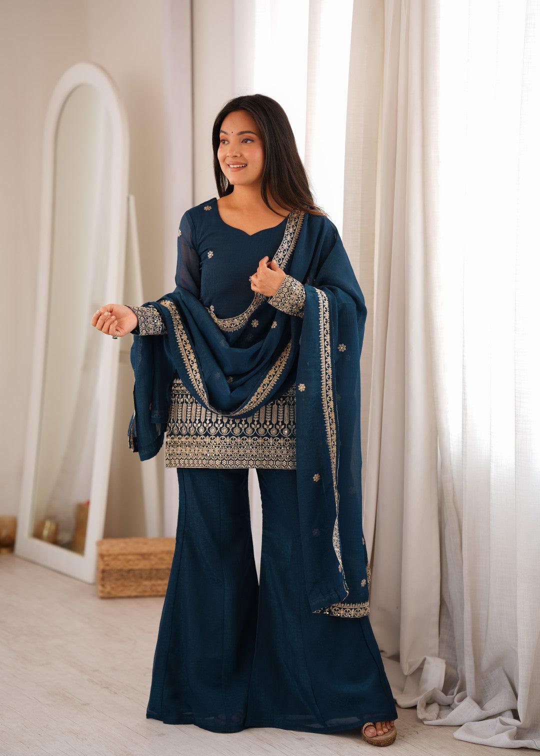 Premium Crunchy Silk Embroidered Sequence & Jari Work Top Kurta with Dupatta & Bell Bottom Pant Set – Teal Blue