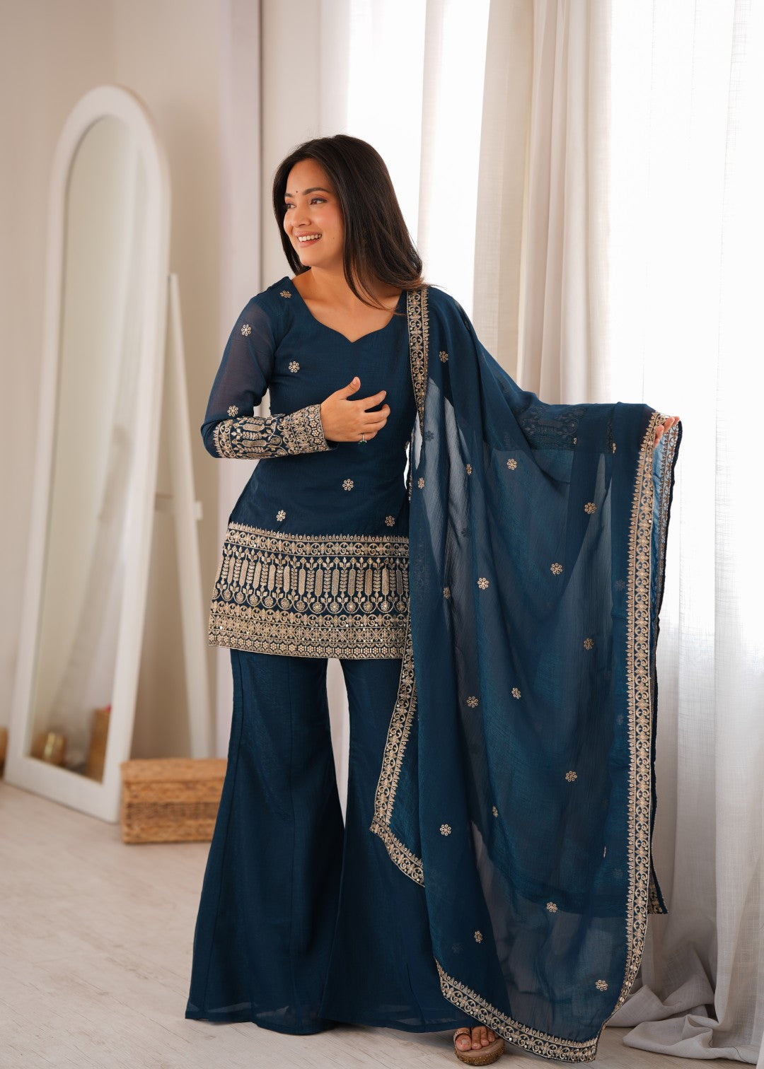 Premium Crunchy Silk Embroidered Sequence & Jari Work Top Kurta with Dupatta & Bell Bottom Pant Set – Teal Blue