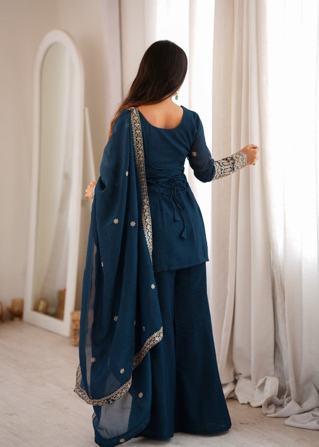 Premium Crunchy Silk Embroidered Sequence & Jari Work Top Kurta with Dupatta & Bell Bottom Pant Set – Teal Blue