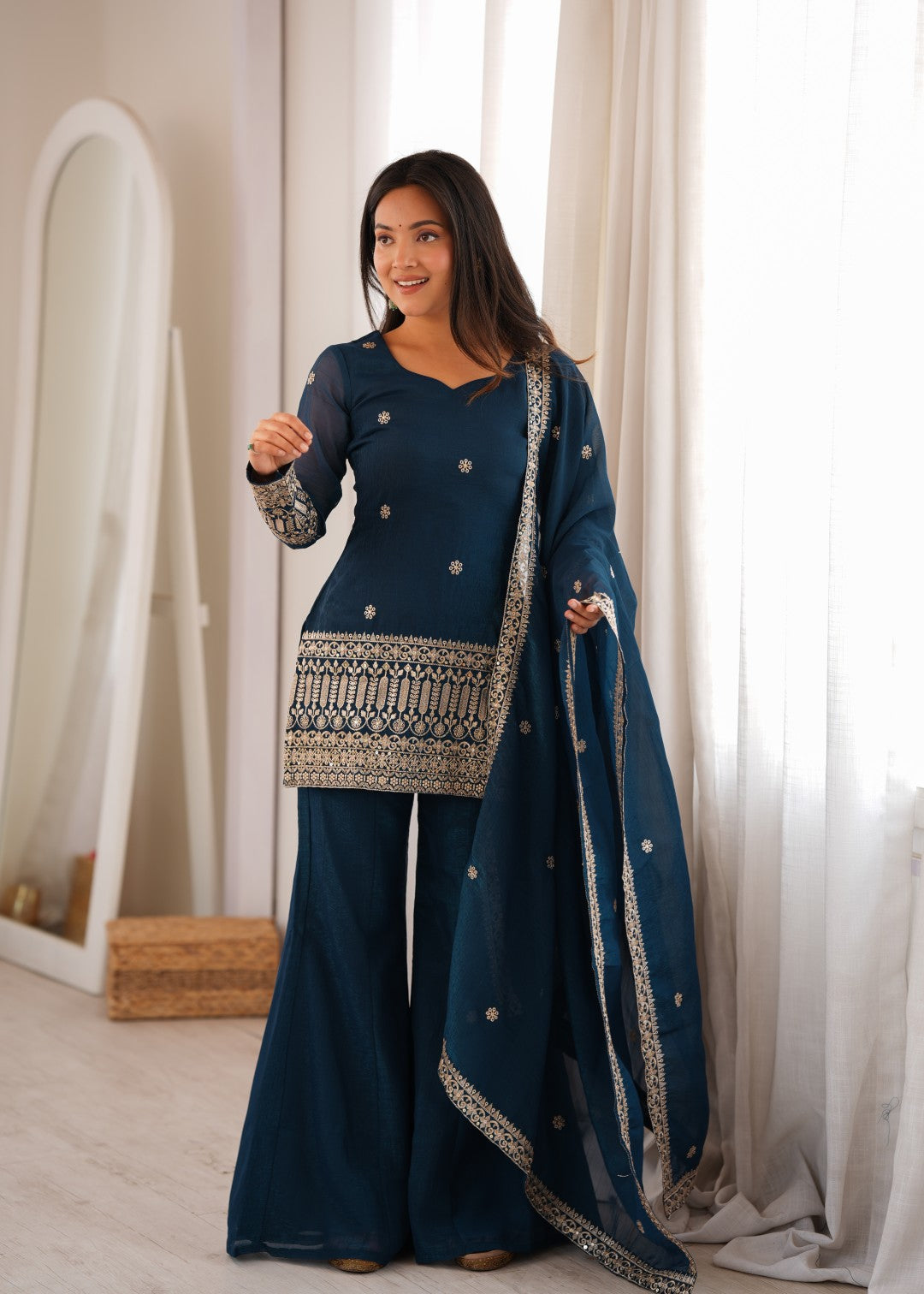 Premium Crunchy Silk Embroidered Sequence & Jari Work Top Kurta with Dupatta & Bell Bottom Pant Set – Teal Blue