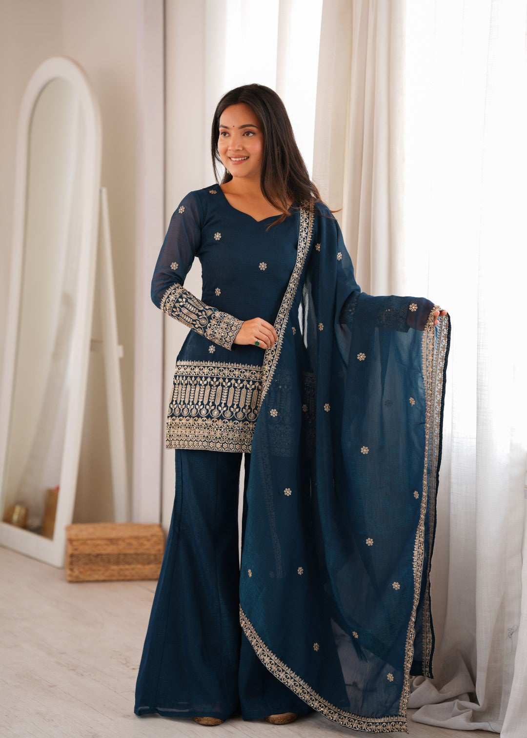 Premium Crunchy Silk Embroidered Sequence & Jari Work Top Kurta with Dupatta & Bell Bottom Pant Set – Teal Blue
