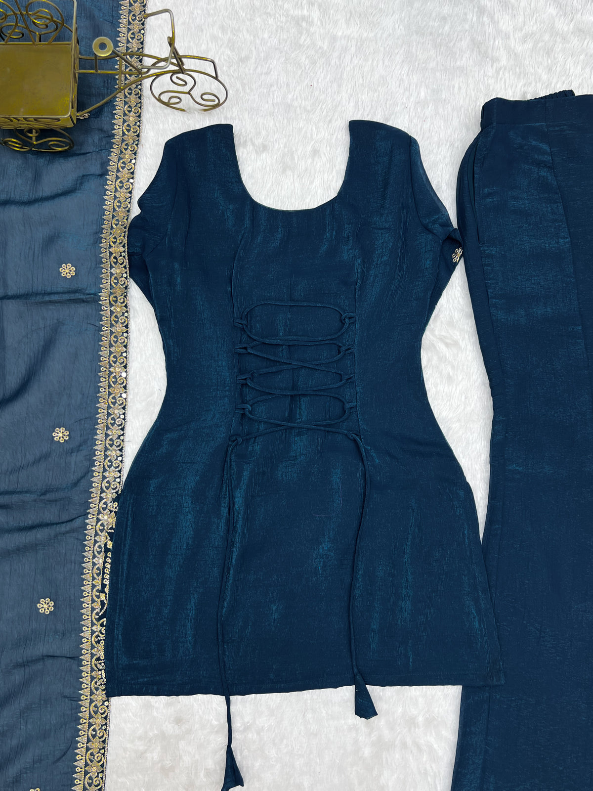 Premium Crunchy Silk Embroidered Sequence & Jari Work Top Kurta with Dupatta & Bell Bottom Pant Set – Teal Blue
