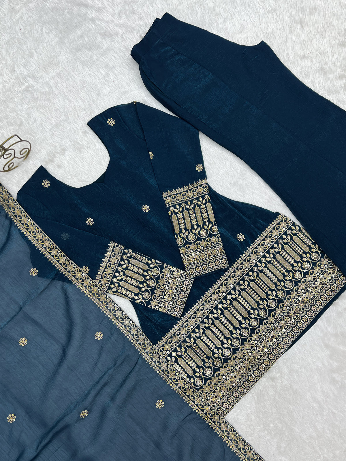 Premium Crunchy Silk Embroidered Sequence & Jari Work Top Kurta with Dupatta & Bell Bottom Pant Set – Teal Blue