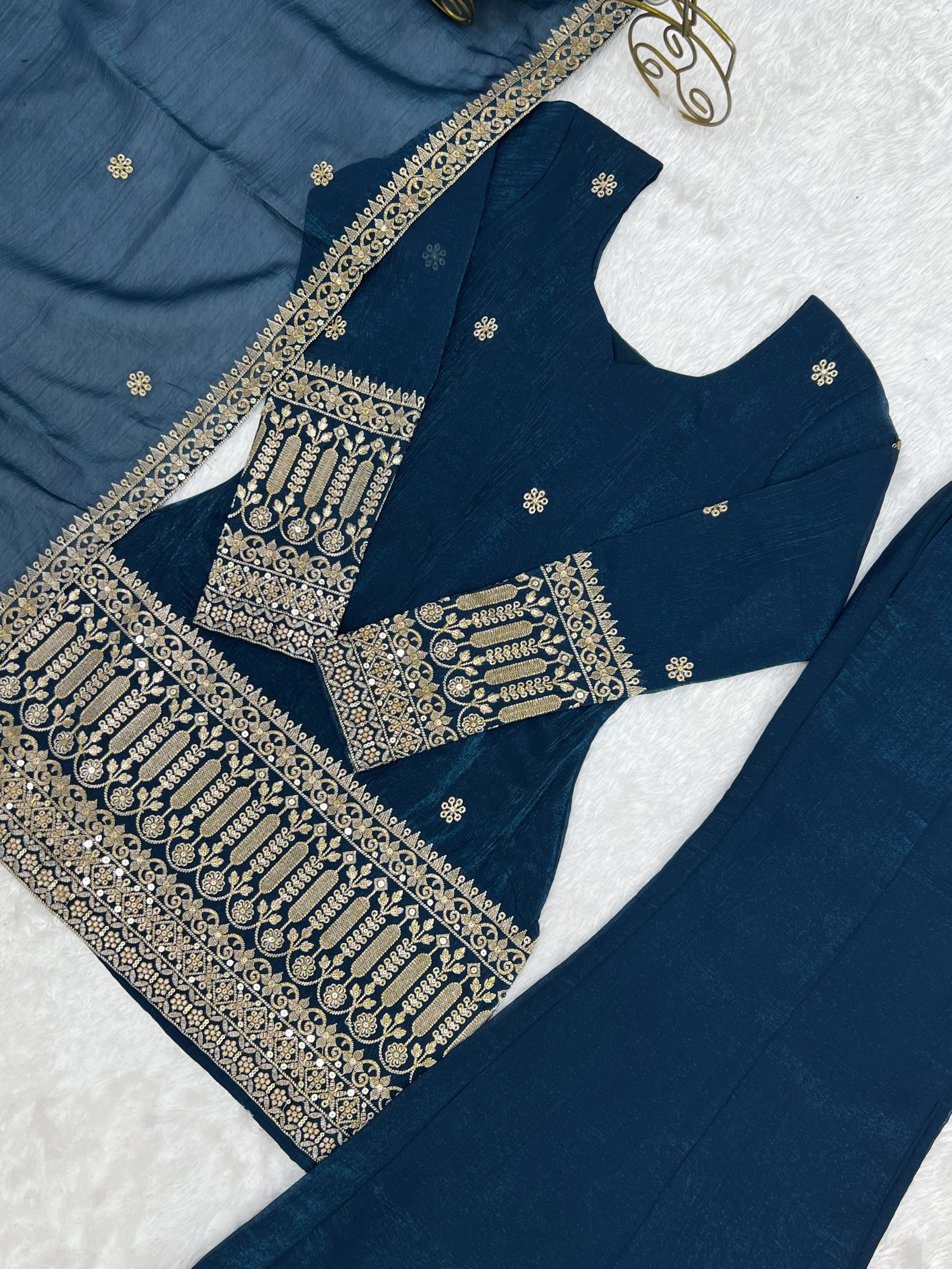 Premium Crunchy Silk Embroidered Sequence & Jari Work Top Kurta with Dupatta & Bell Bottom Pant Set – Teal Blue