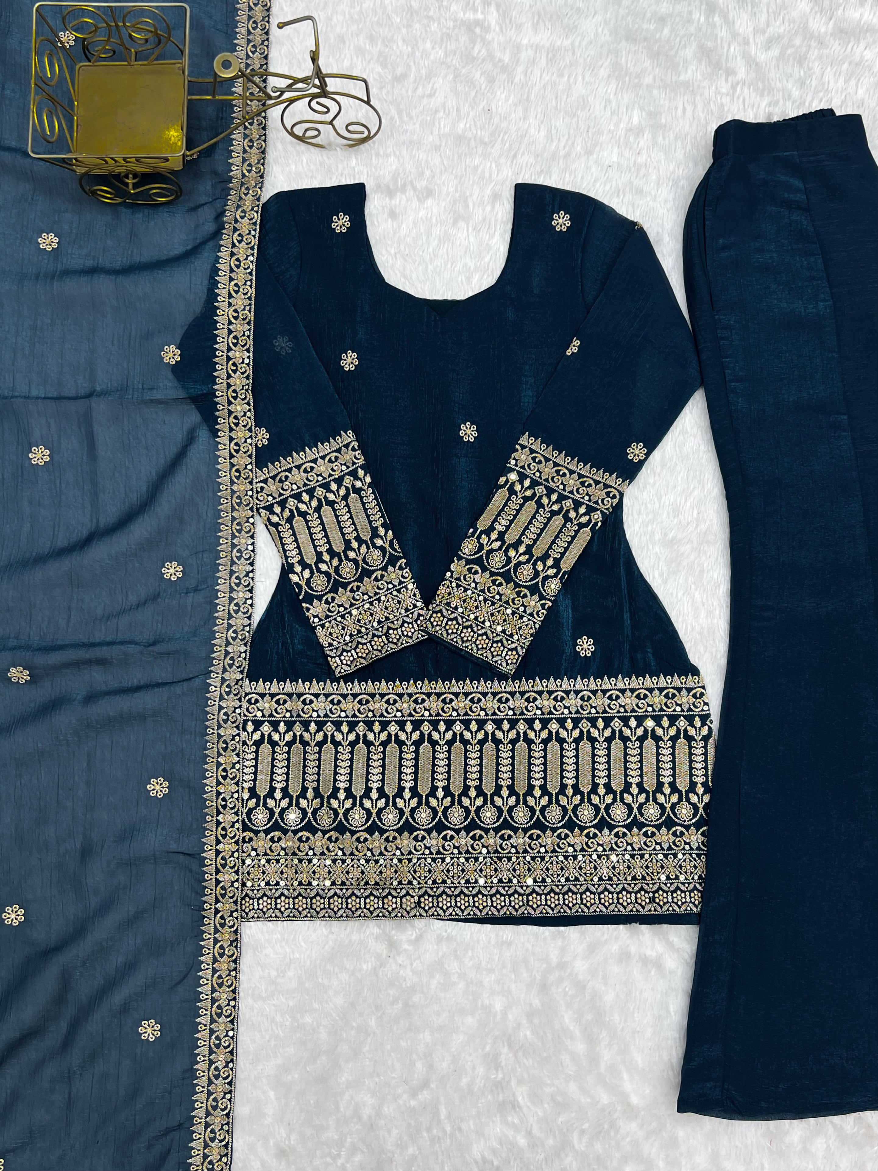 Premium Crunchy Silk Embroidered Sequence & Jari Work Top Kurta with Dupatta & Bell Bottom Pant Set – Teal Blue