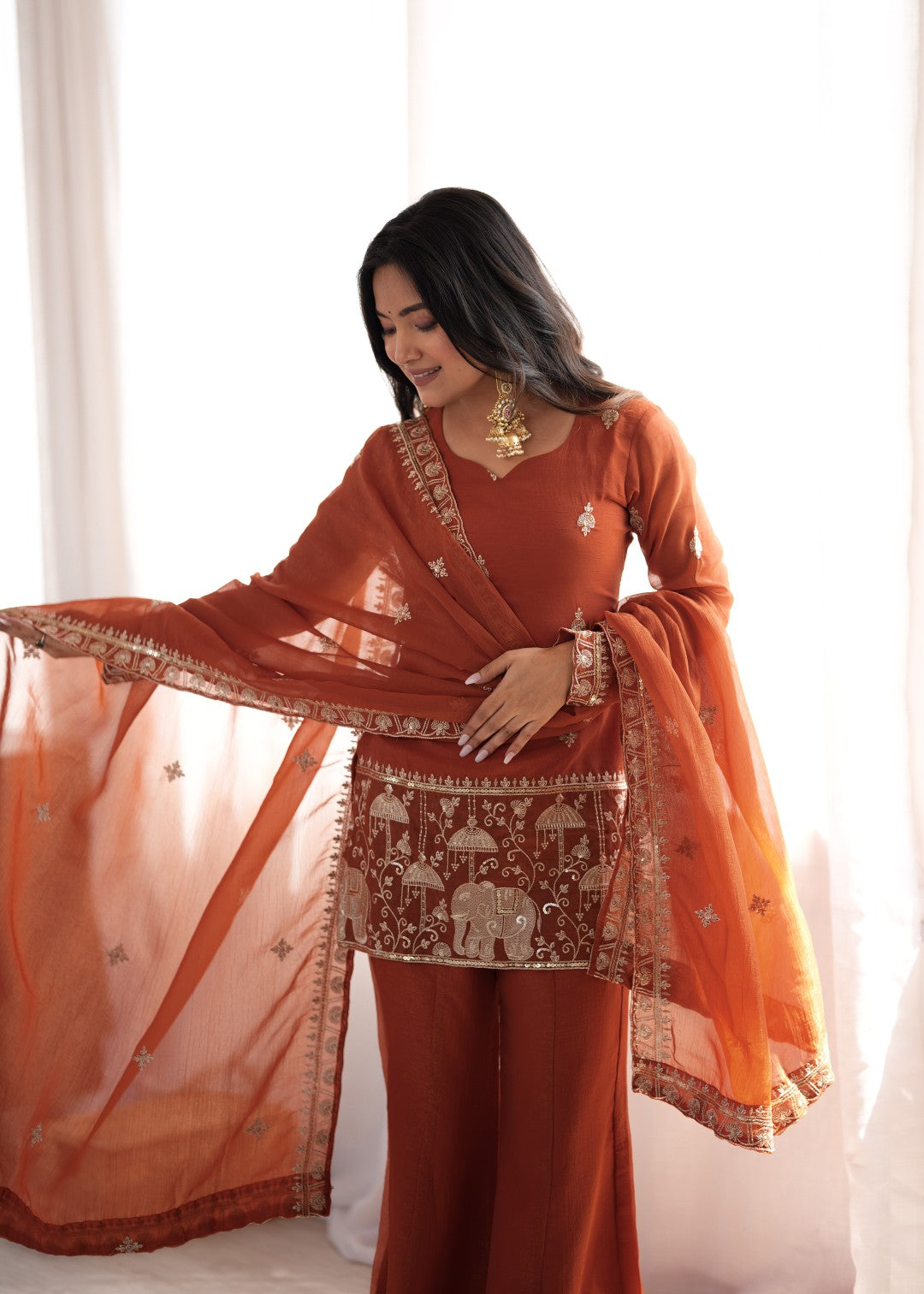 Premium Crunchy Silk Embroidered Sequence & Jari Work Top Kurta with Dupatta & Bell Bottom Pant Set