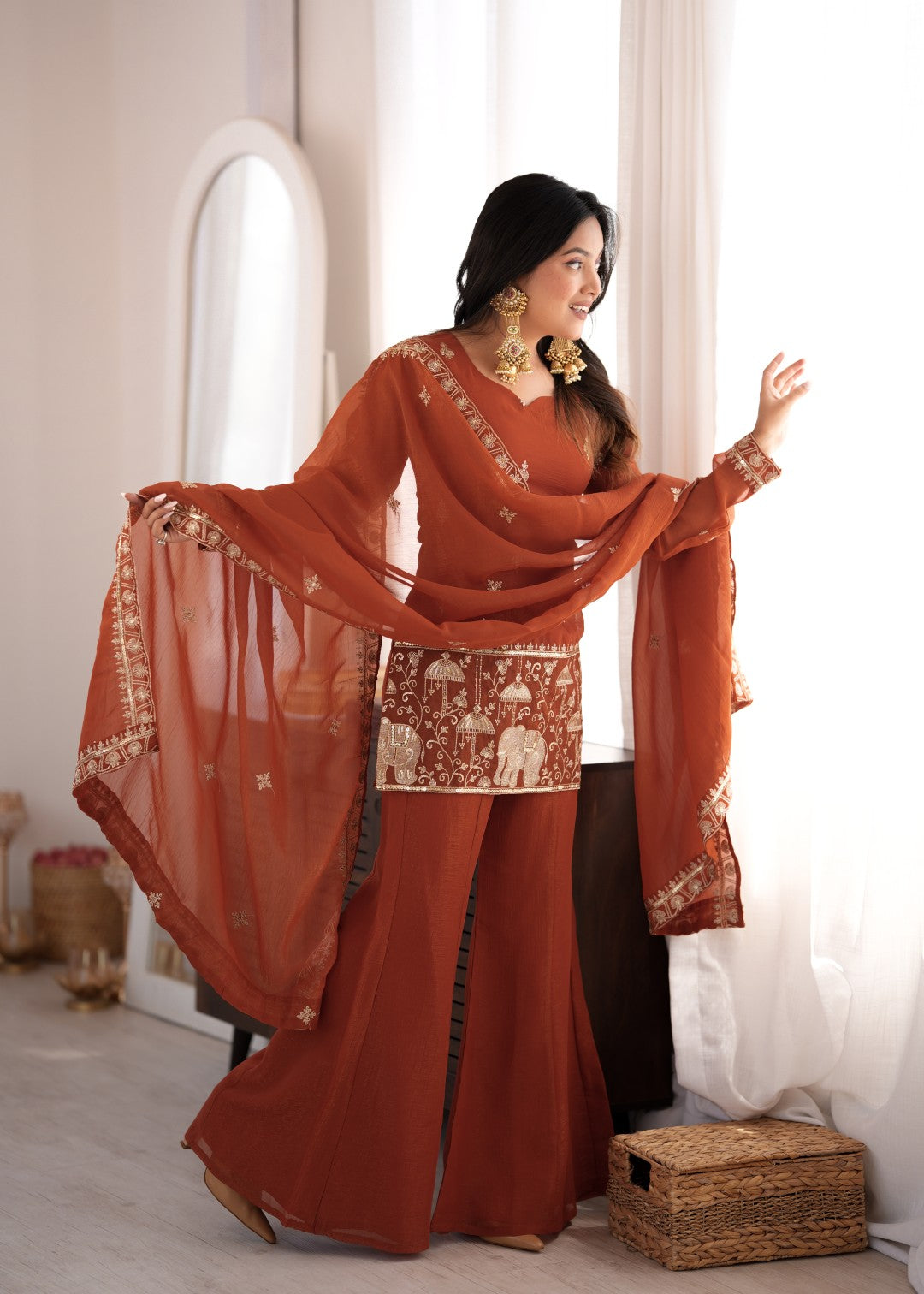 Premium Crunchy Silk Embroidered Sequence & Jari Work Top Kurta with Dupatta & Bell Bottom Pant Set