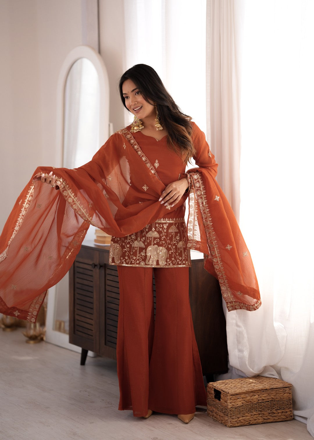 Premium Crunchy Silk Embroidered Sequence & Jari Work Top Kurta with Dupatta & Bell Bottom Pant Set