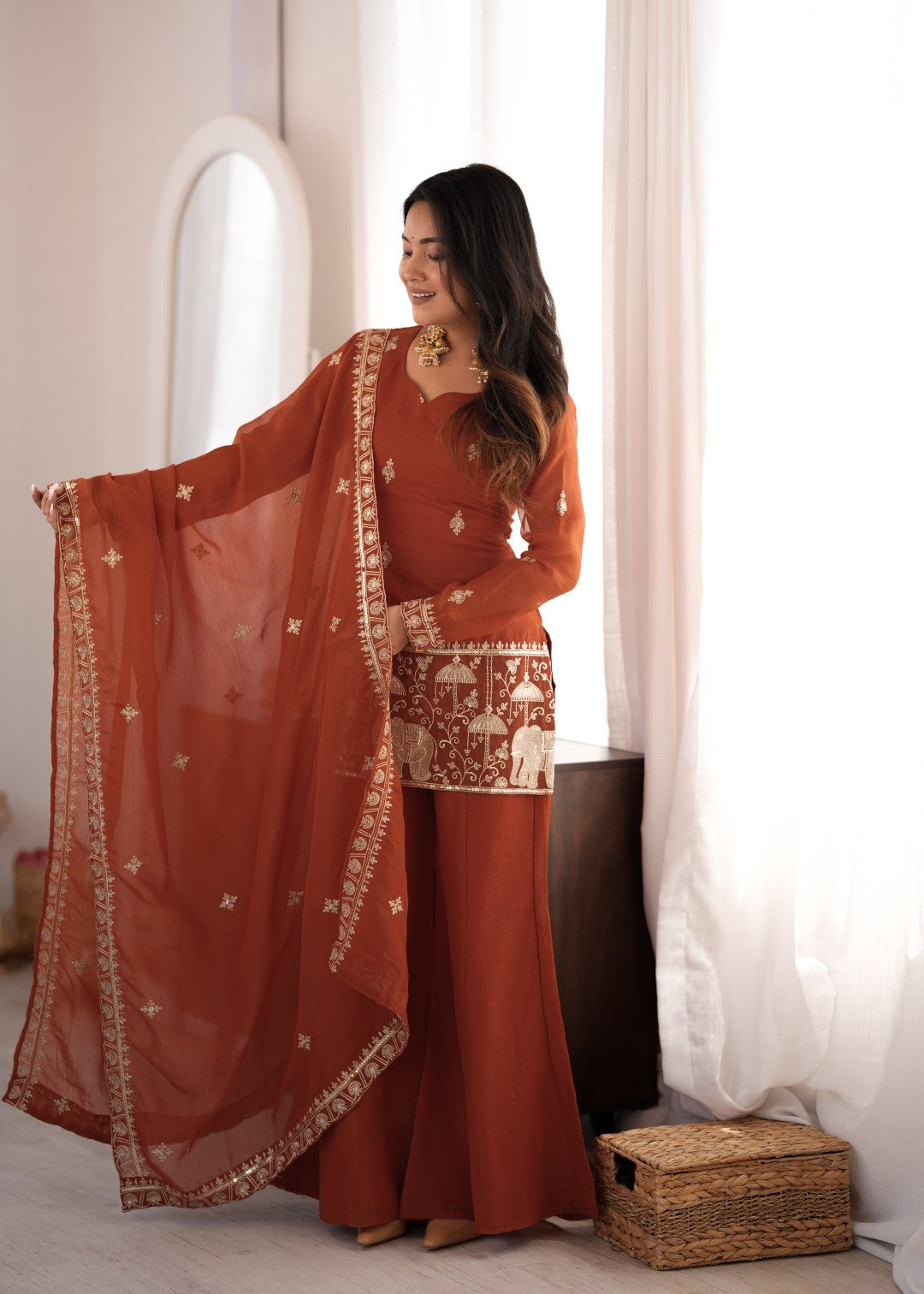 Premium Crunchy Silk Embroidered Sequence & Jari Work Top Kurta with Dupatta & Bell Bottom Pant Set