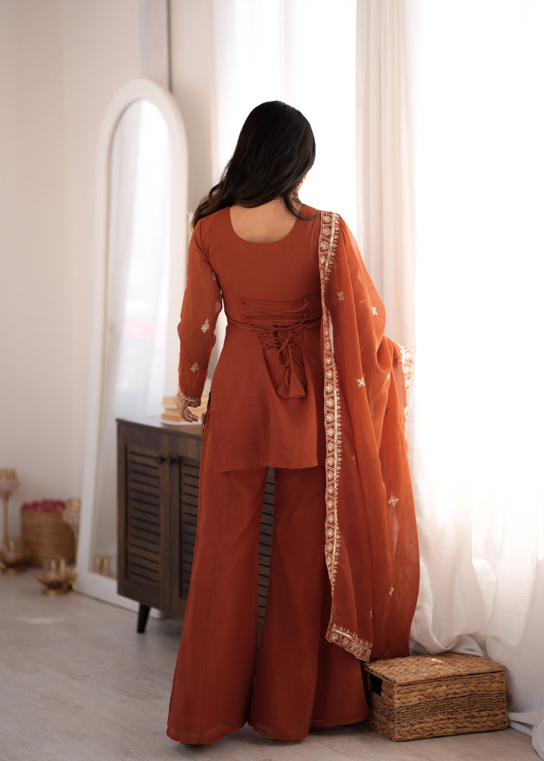 Premium Crunchy Silk Embroidered Sequence & Jari Work Top Kurta with Dupatta & Bell Bottom Pant Set
