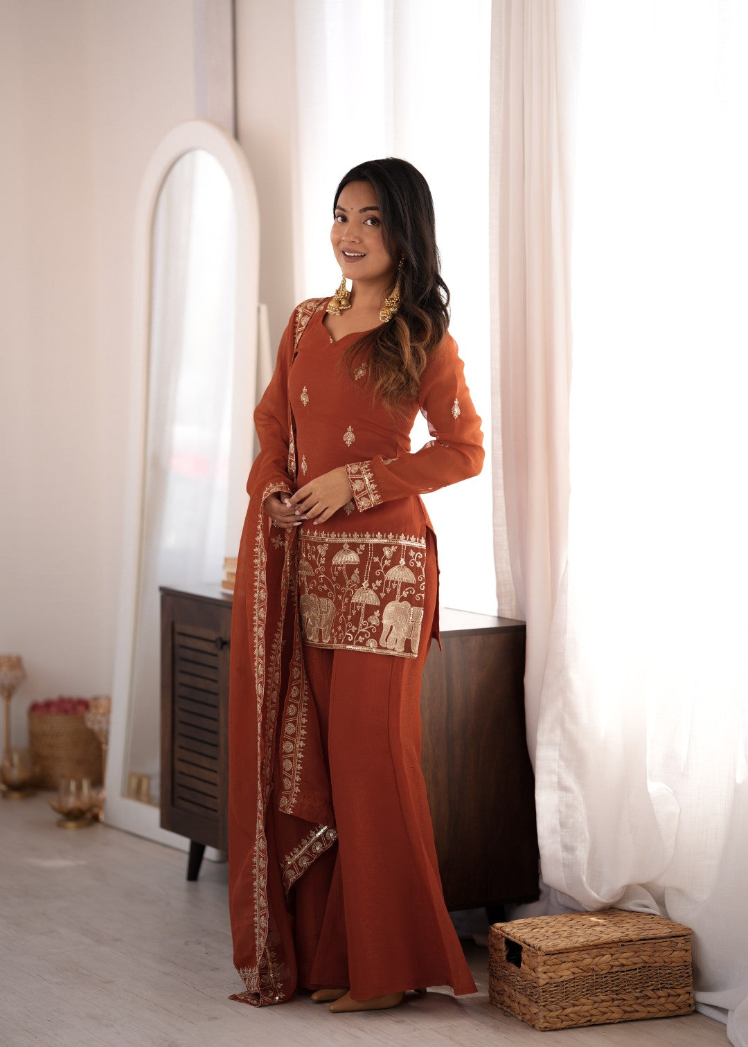 Premium Crunchy Silk Embroidered Sequence & Jari Work Top Kurta with Dupatta & Bell Bottom Pant Set