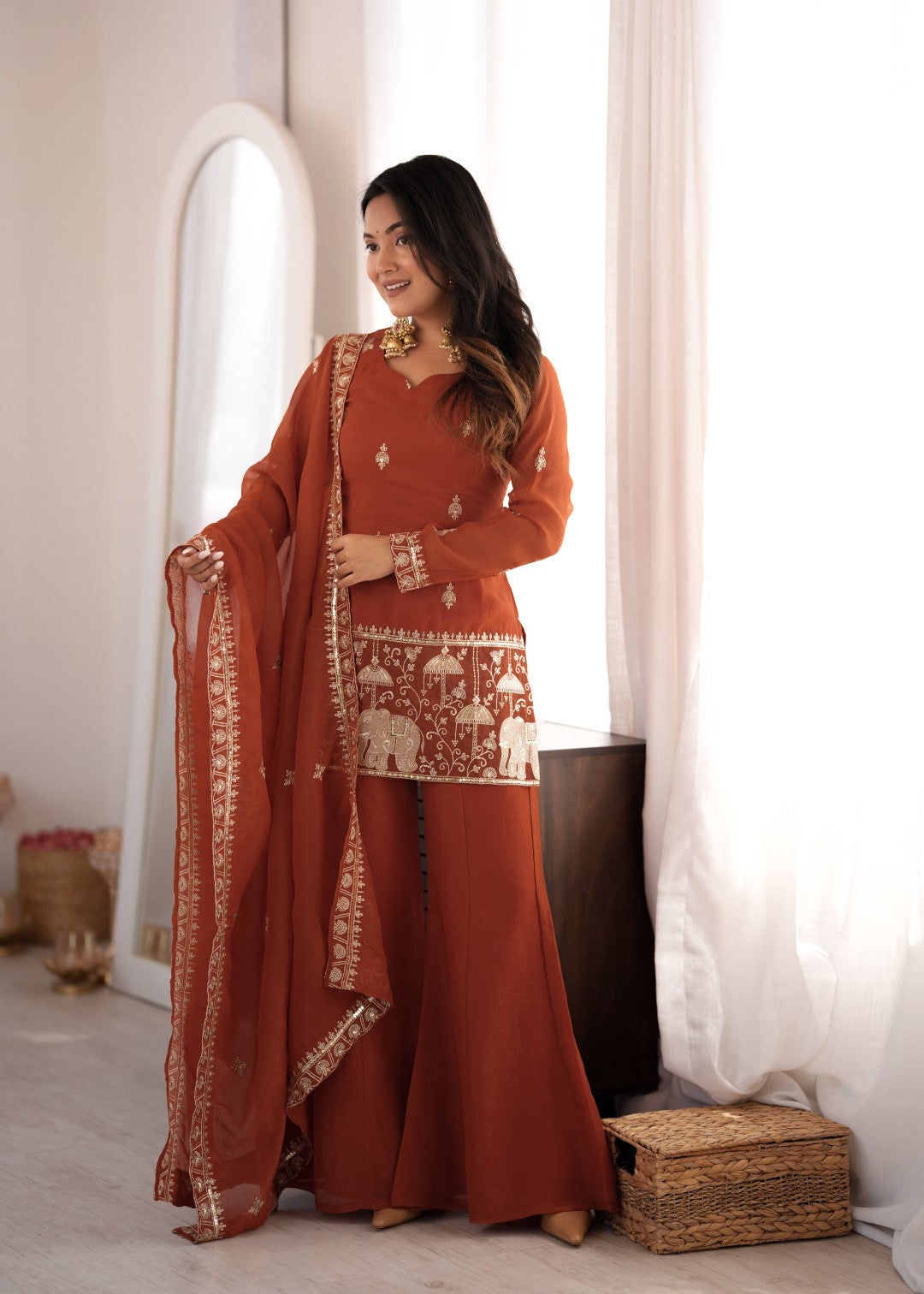 Premium Crunchy Silk Embroidered Sequence & Jari Work Top Kurta with Dupatta & Bell Bottom Pant Set