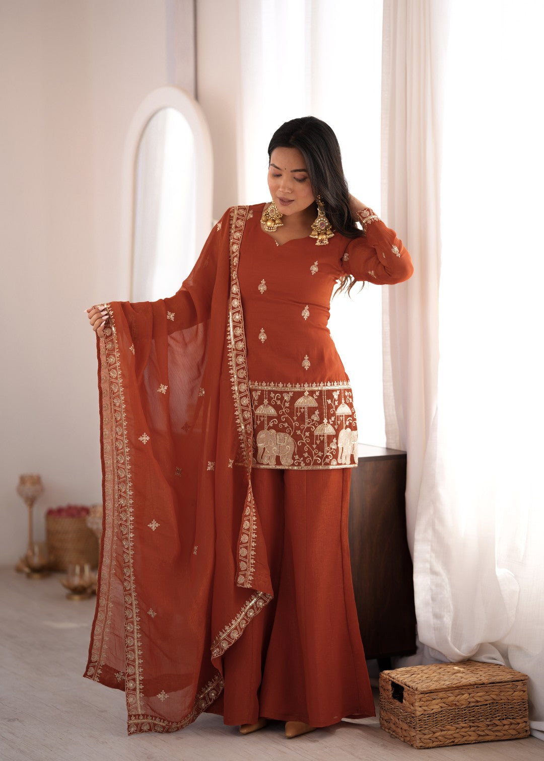 Premium Crunchy Silk Embroidered Sequence & Jari Work Top Kurta with Dupatta & Bell Bottom Pant Set