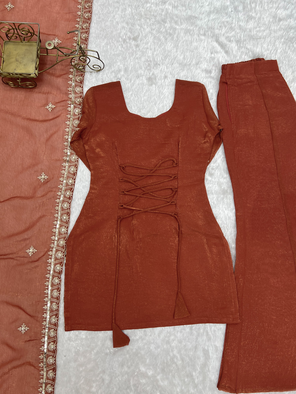 Premium Crunchy Silk Embroidered Sequence & Jari Work Top Kurta with Dupatta & Bell Bottom Pant Set