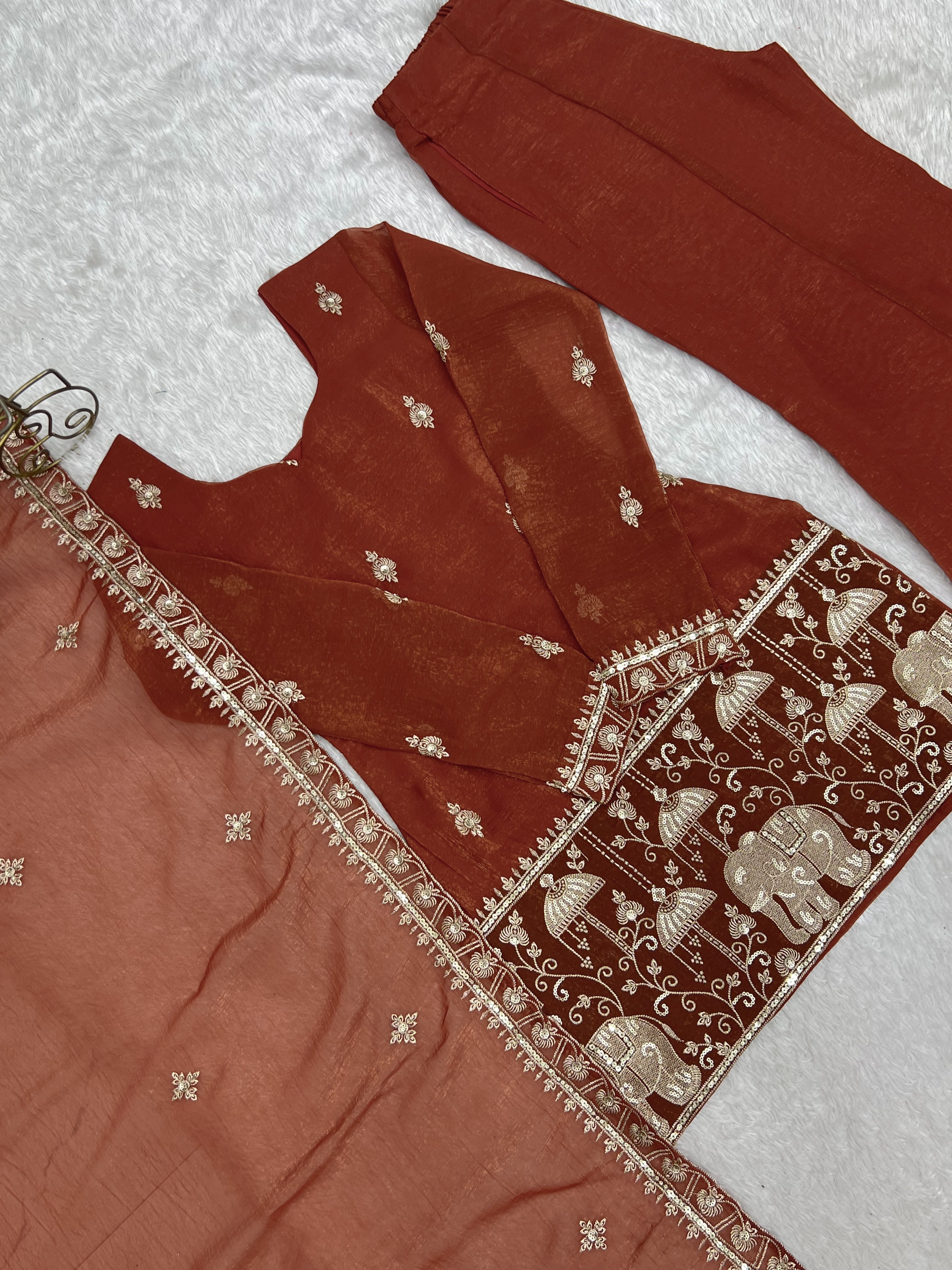 Premium Crunchy Silk Embroidered Sequence & Jari Work Top Kurta with Dupatta & Bell Bottom Pant Set