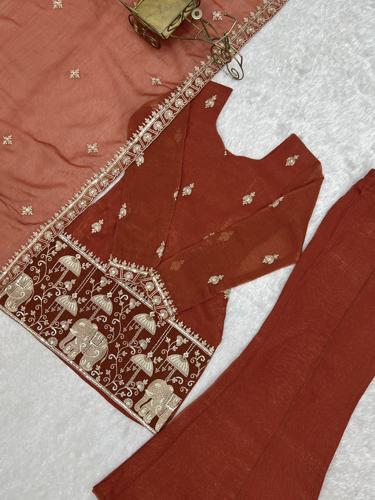 Premium Crunchy Silk Embroidered Sequence & Jari Work Top Kurta with Dupatta & Bell Bottom Pant Set